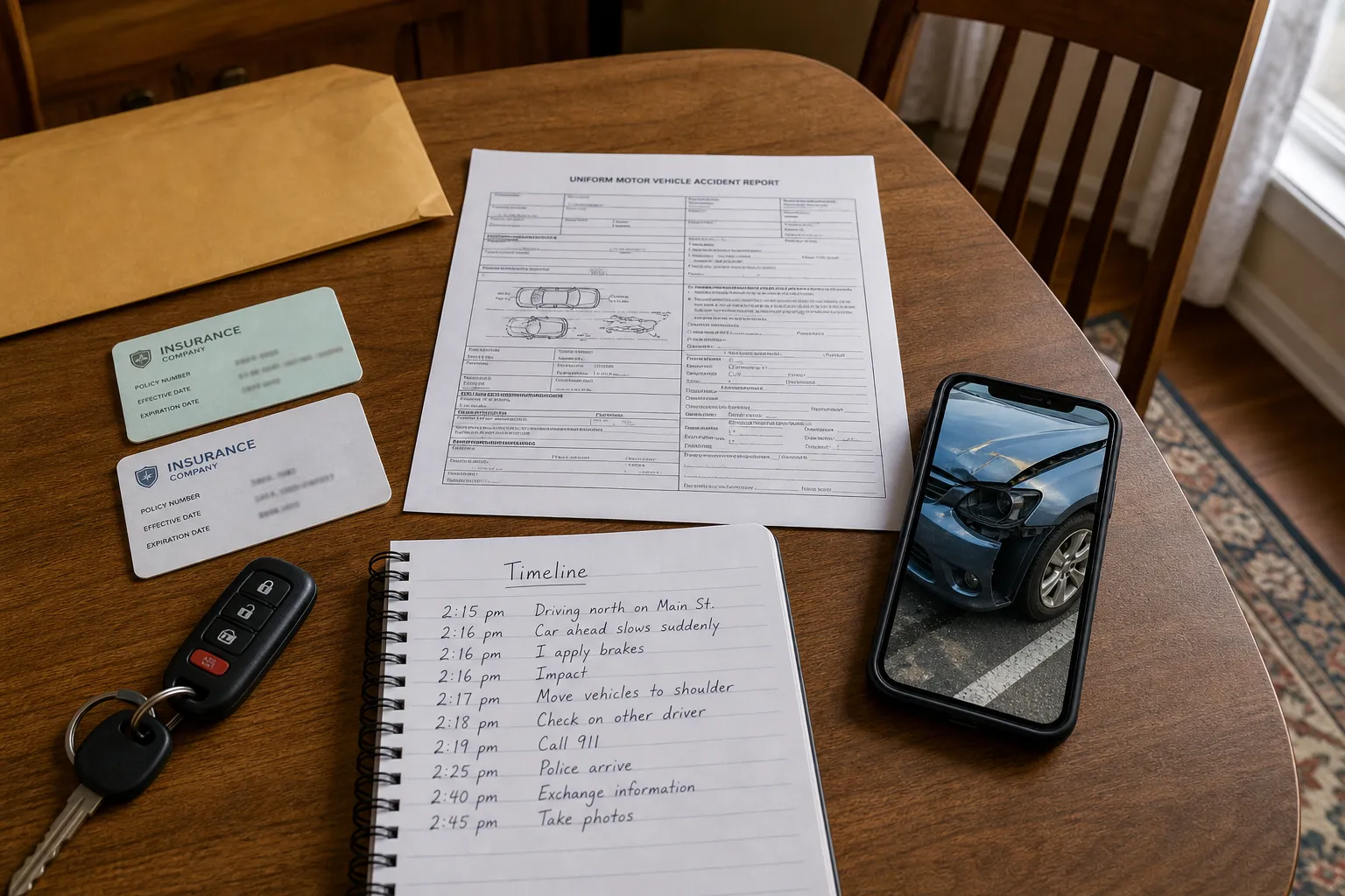 Organized insurance cards, crash report, vehicle photo, and timeline preserved after an Indiana collision