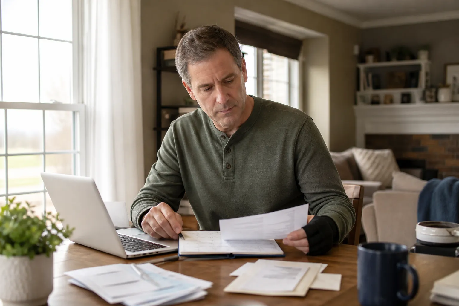 Injured Indiana driver organizing medical bills, insurance correspondence, and a claim calendar