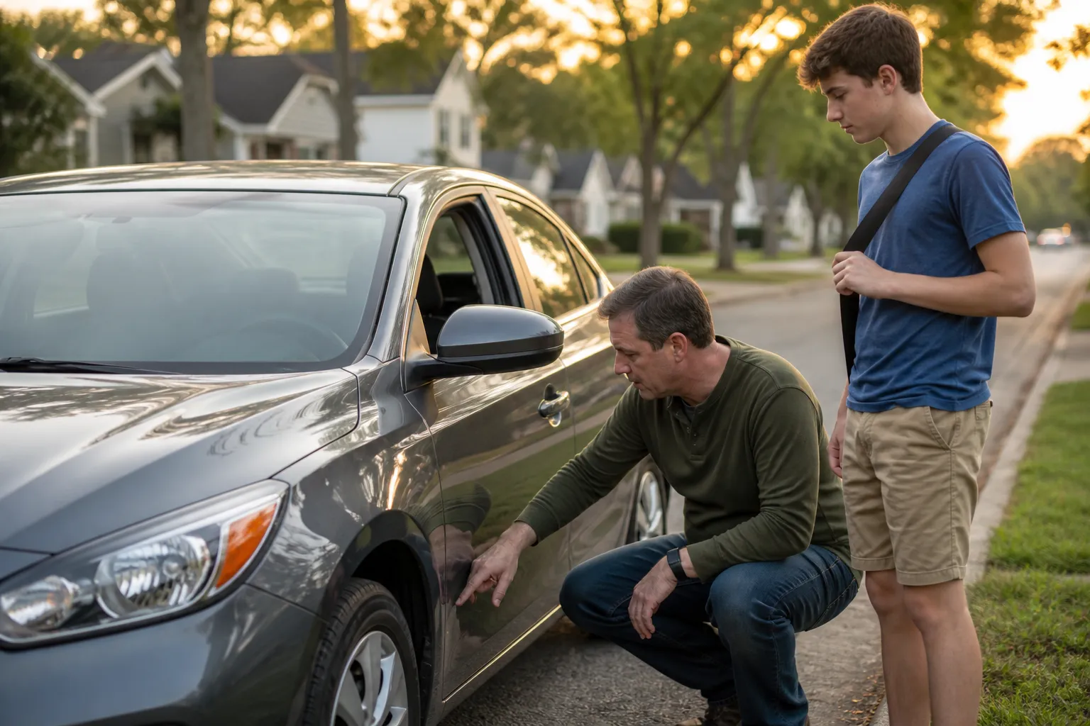 Parent and teen completing a calm safety check beside a parked vehicle before driving
