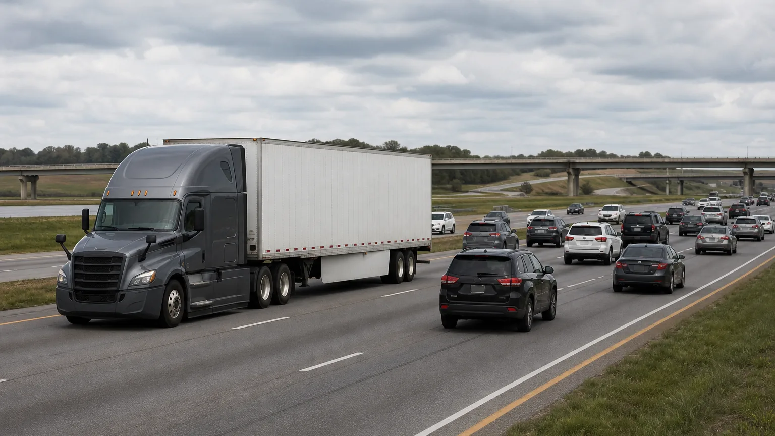 Semi-truck and passenger cars sharing an Indiana highway, showing size difference in truck accident statistics.