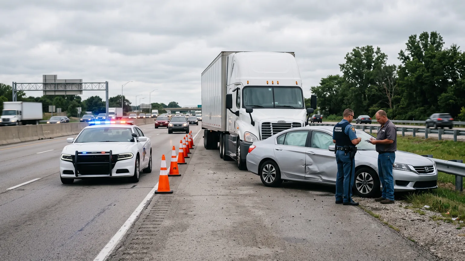 Non-graphic Indiana semi-truck crash investigation on a highway shoulder.
