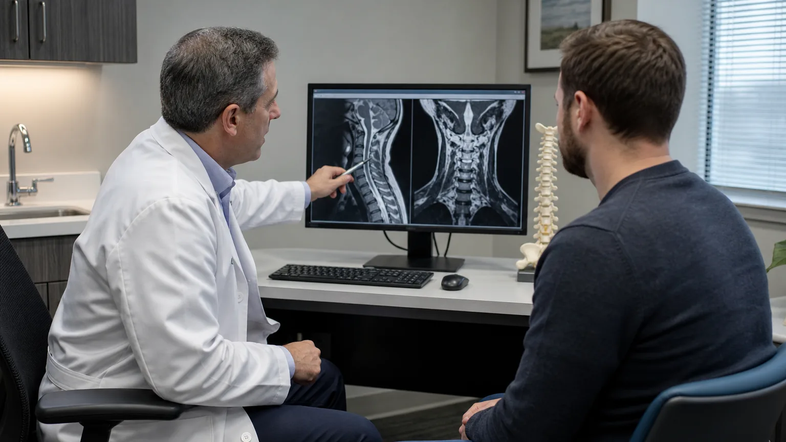 Doctor reviewing spine imaging after an Indiana truck accident injury claim.