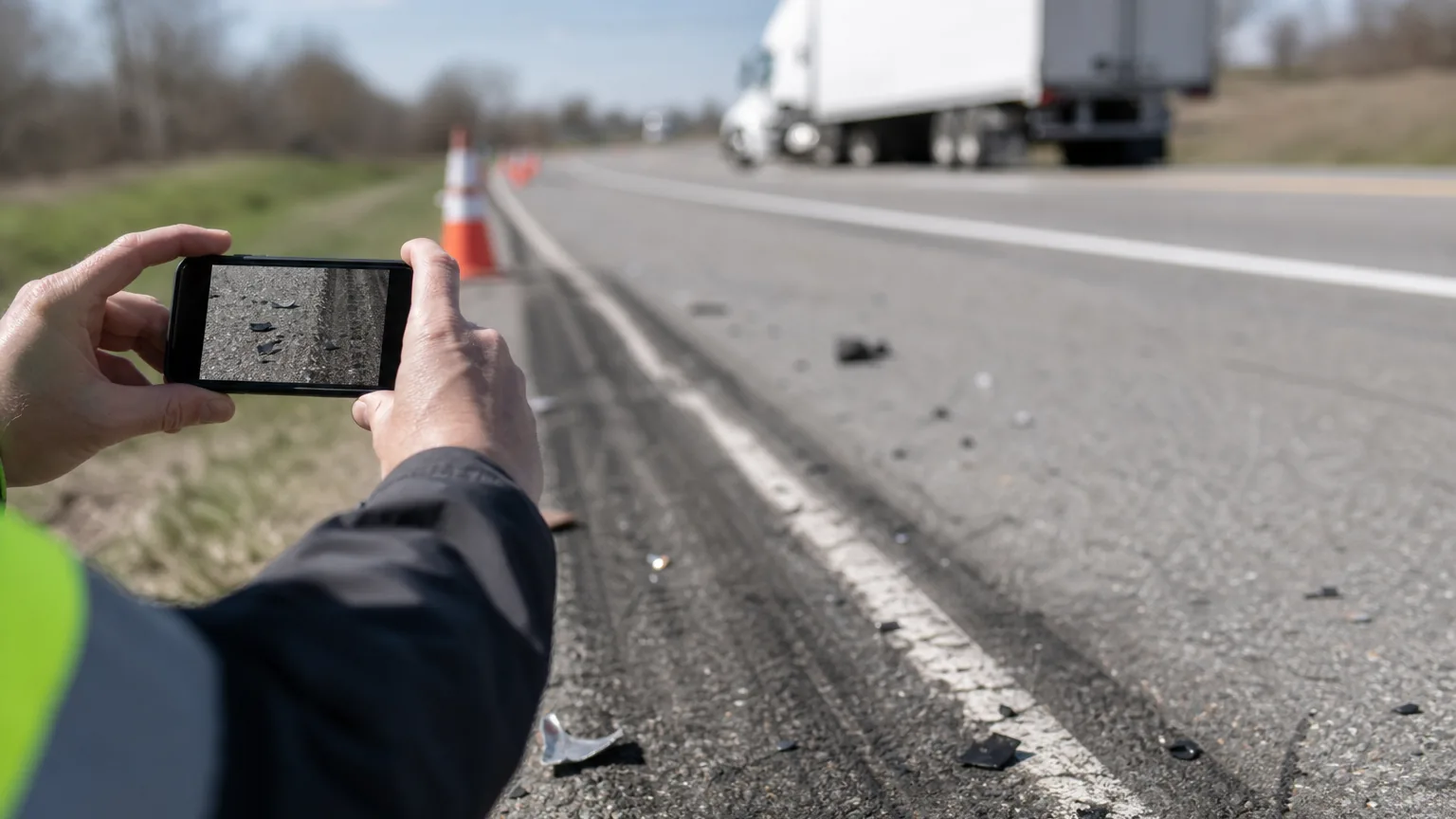Evidence preservation after an Indiana semi-truck crash, including skid marks and highway scene photos.