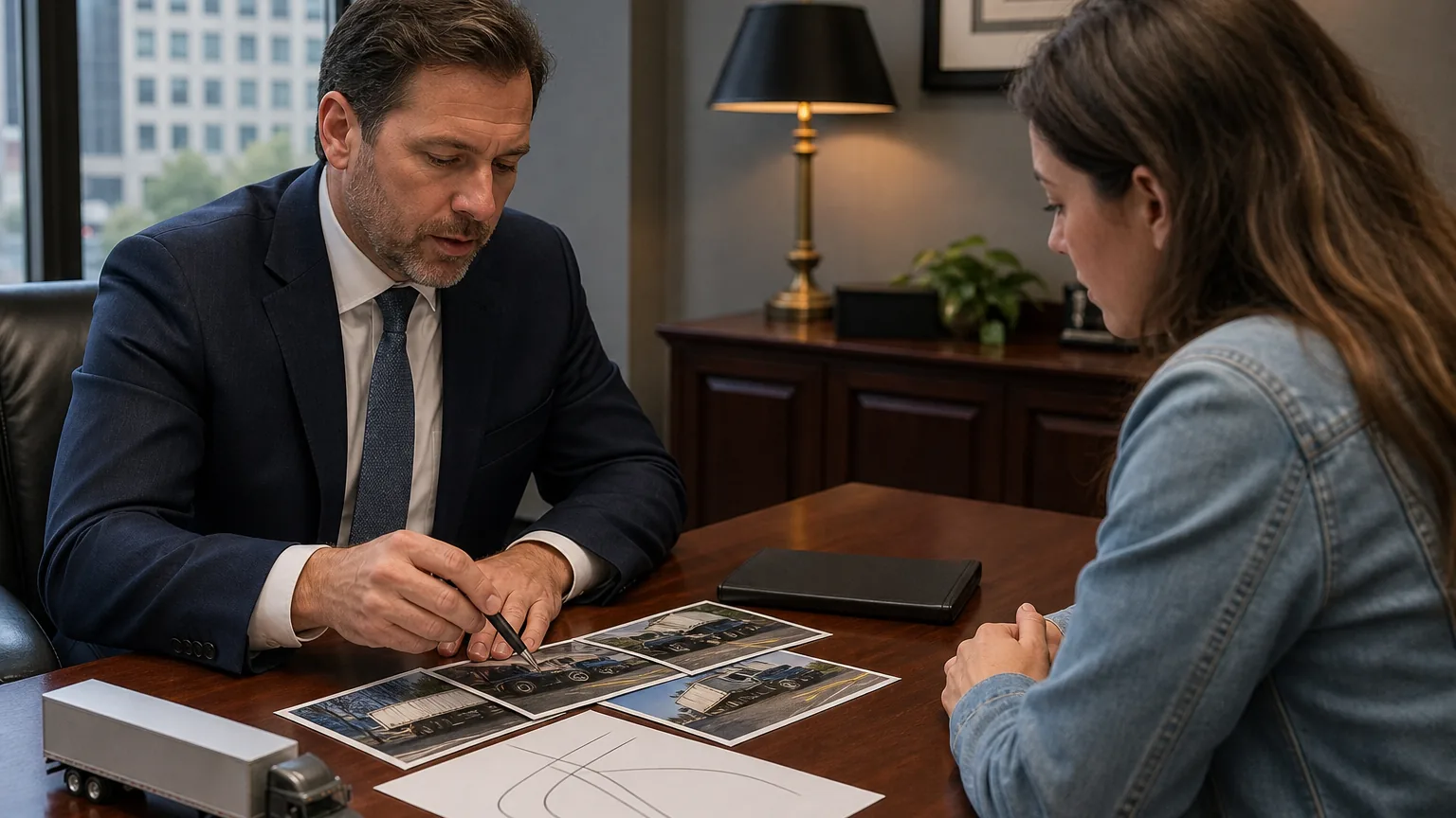 Attorney-client consultation about Indiana truck accident statistics and injury claim evidence.