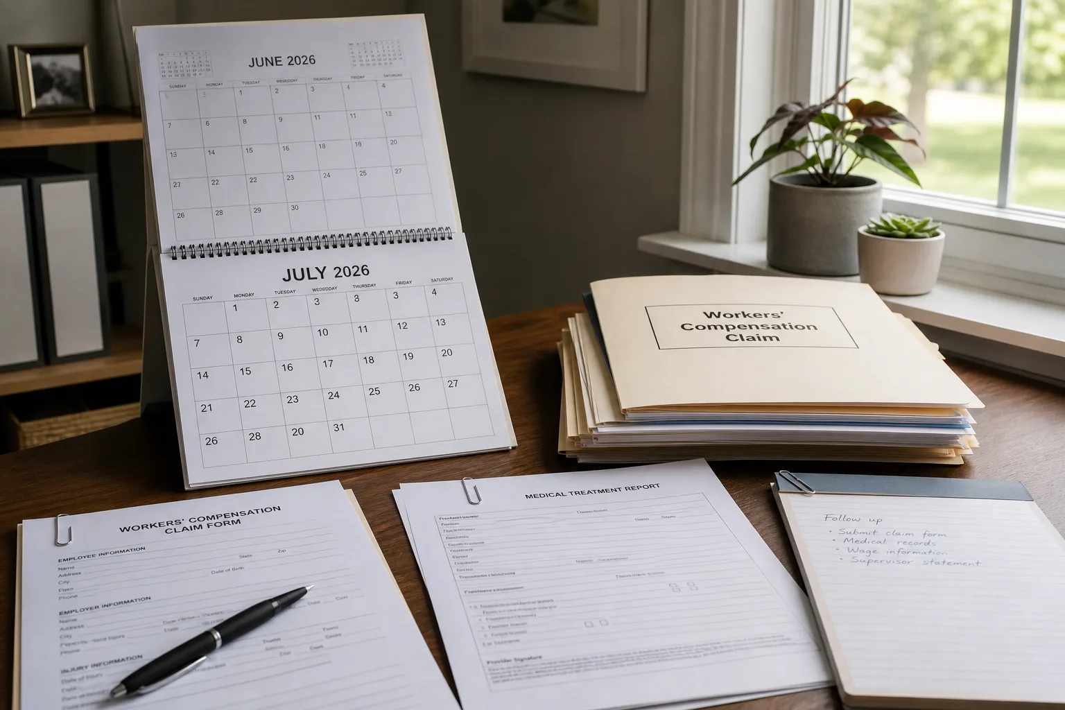 July 2026 calendar beside organized workers’ compensation documents