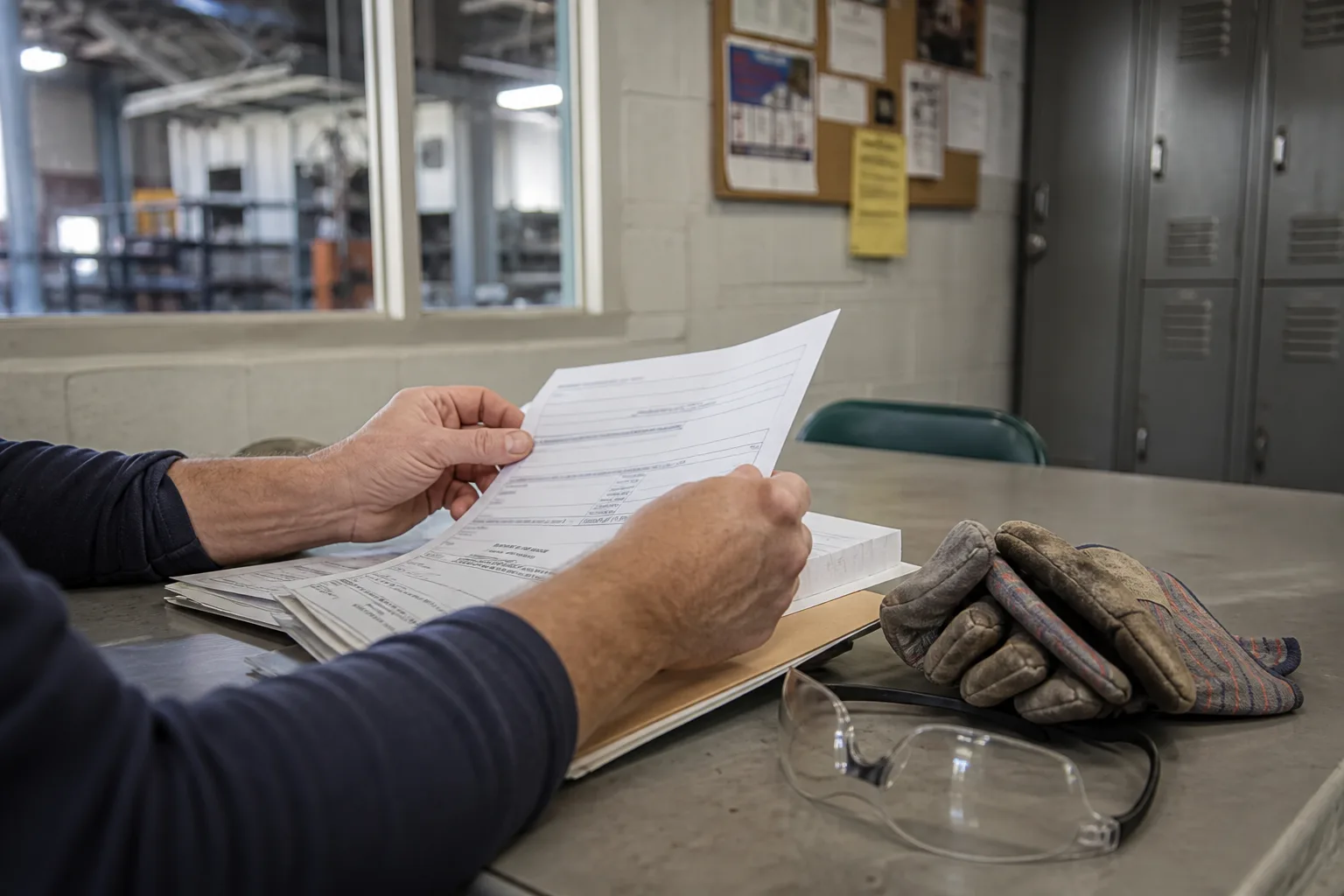 Manufacturing worker organizing wage and impairment records at a table
