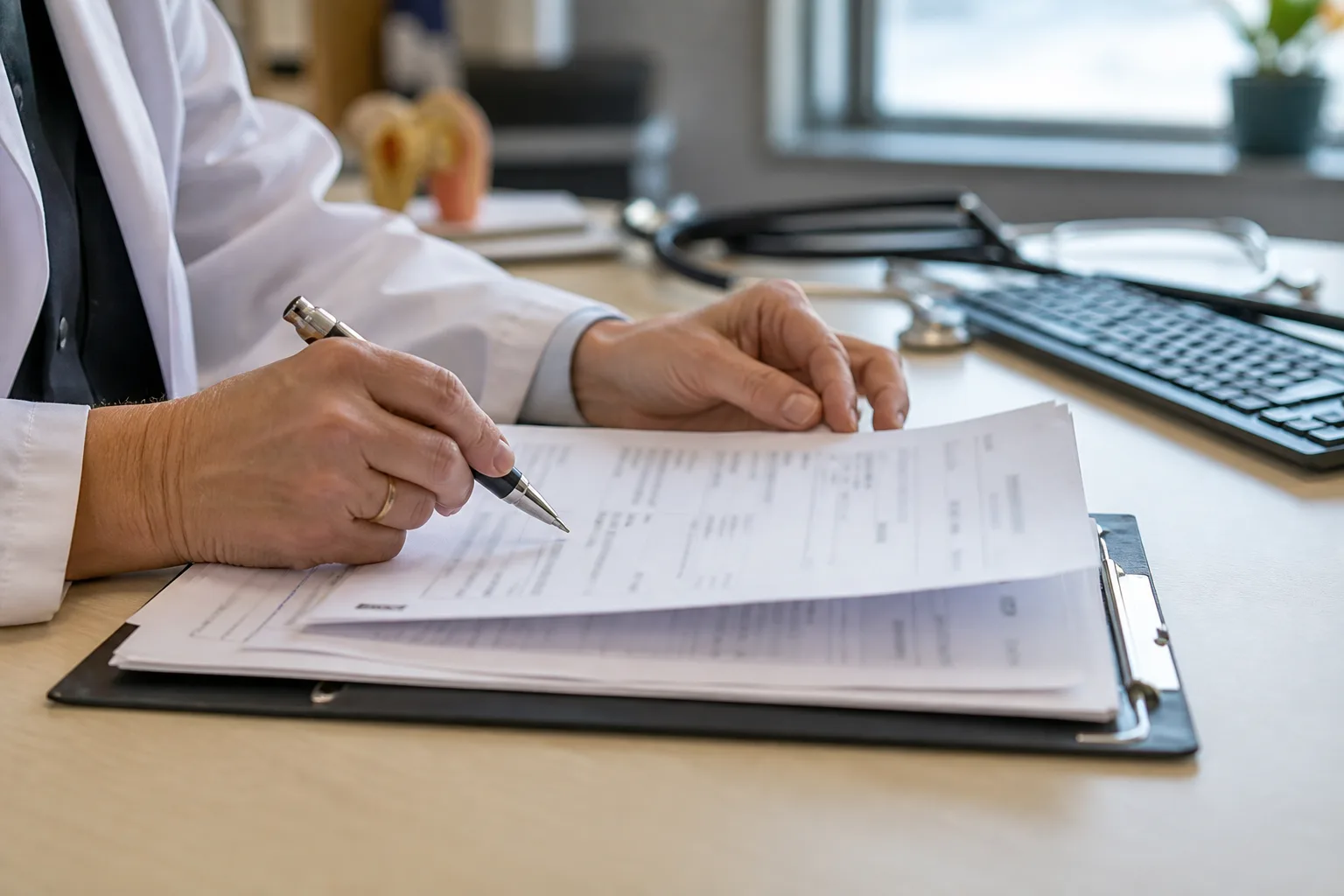 A prescribing clinician organizes a prescription request and supporting notes.