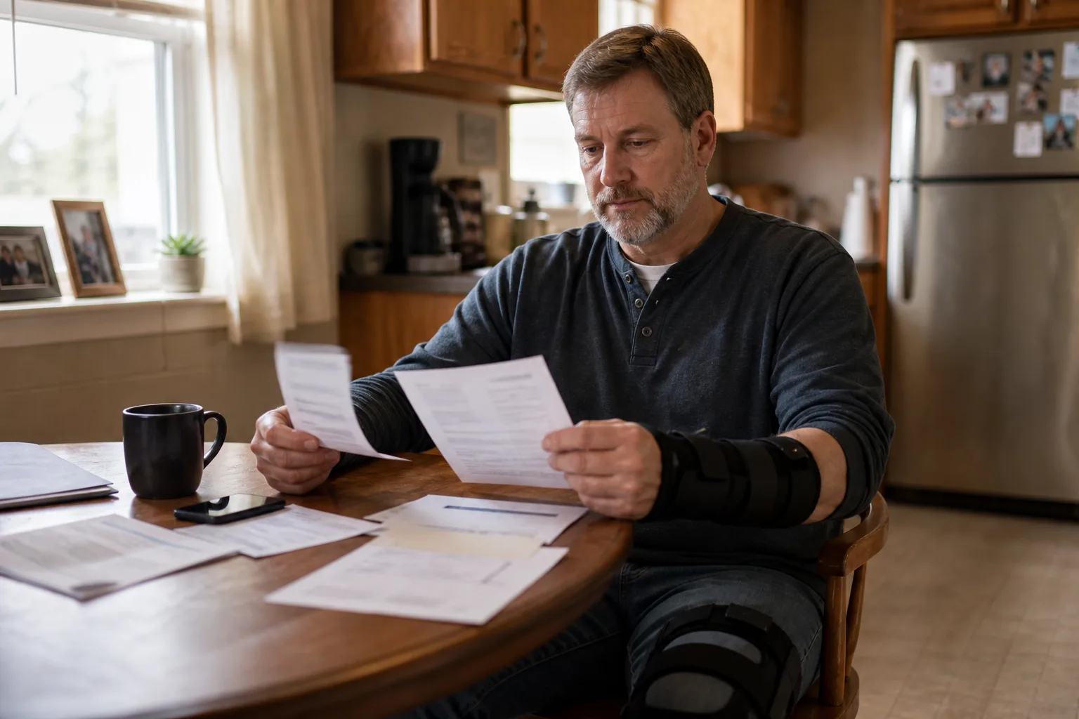 An injured worker reviews pharmacy and workers’ compensation paperwork at home.