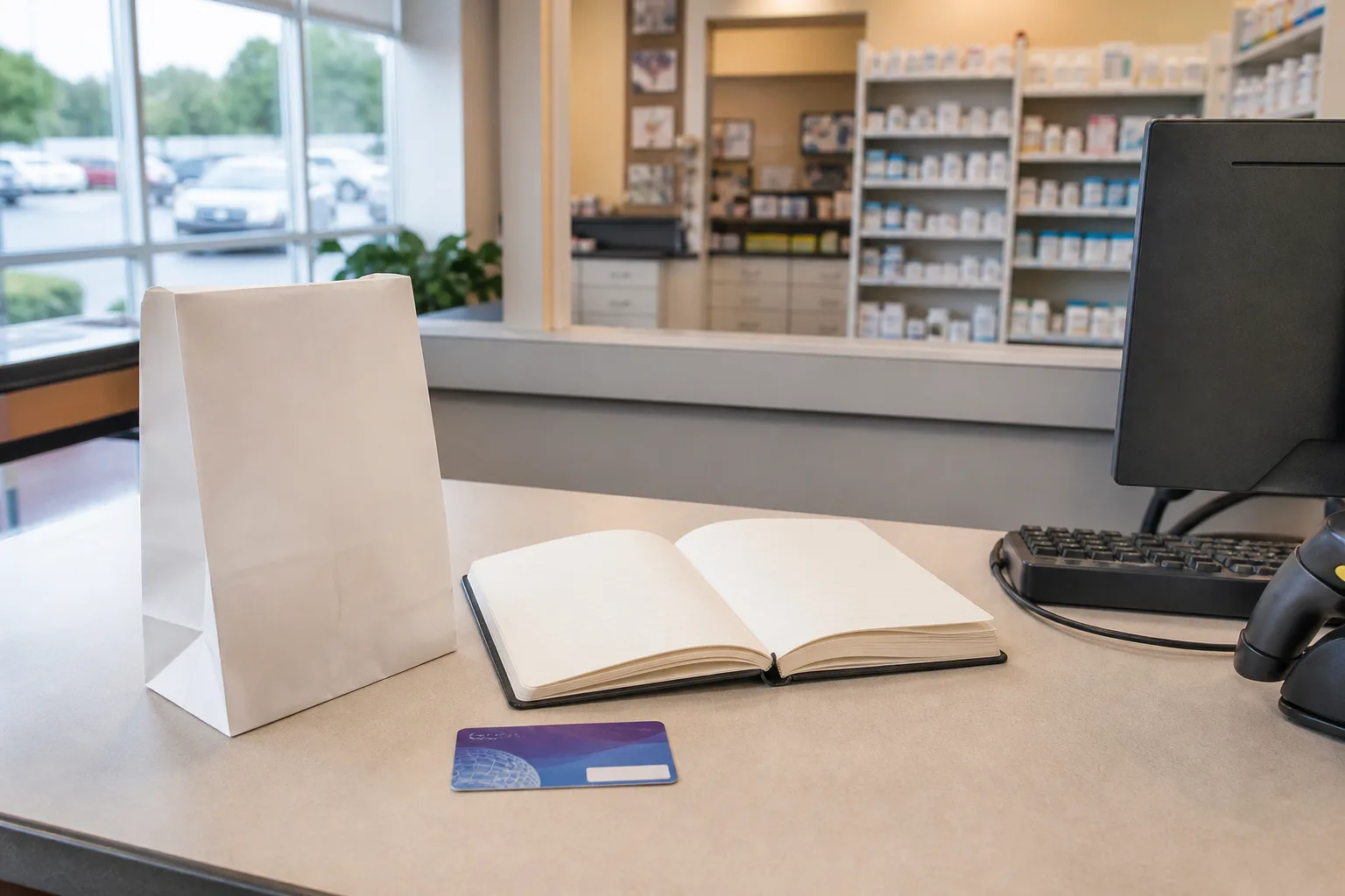 Prescription and claim materials arranged at a pharmacy consultation counter.