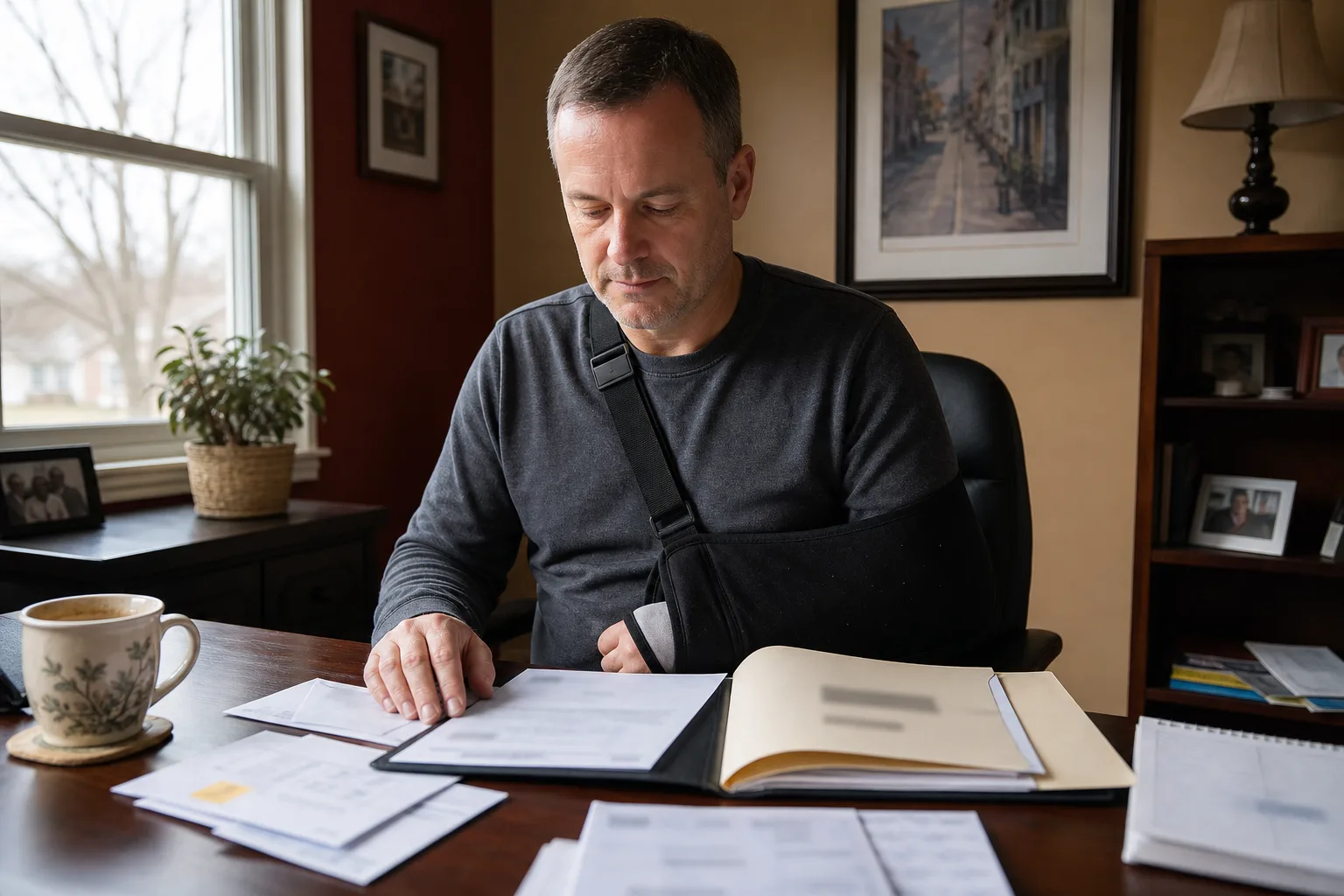 An injured worker organizes prescription notices and a call log for review.