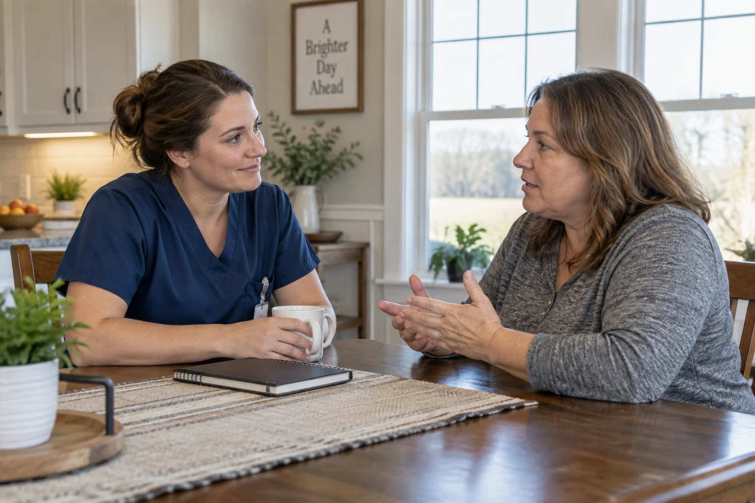 Nurse in scrubs listening to an adult at a kitchen table