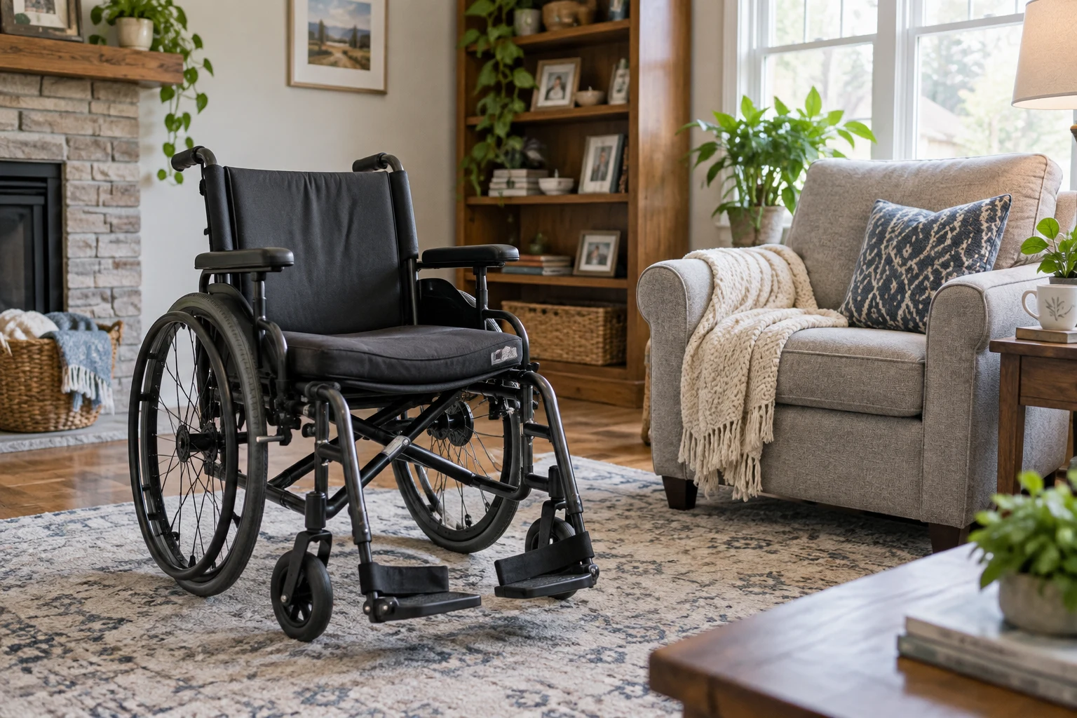 Manual wheelchair with cushion and footrests in a bright living room