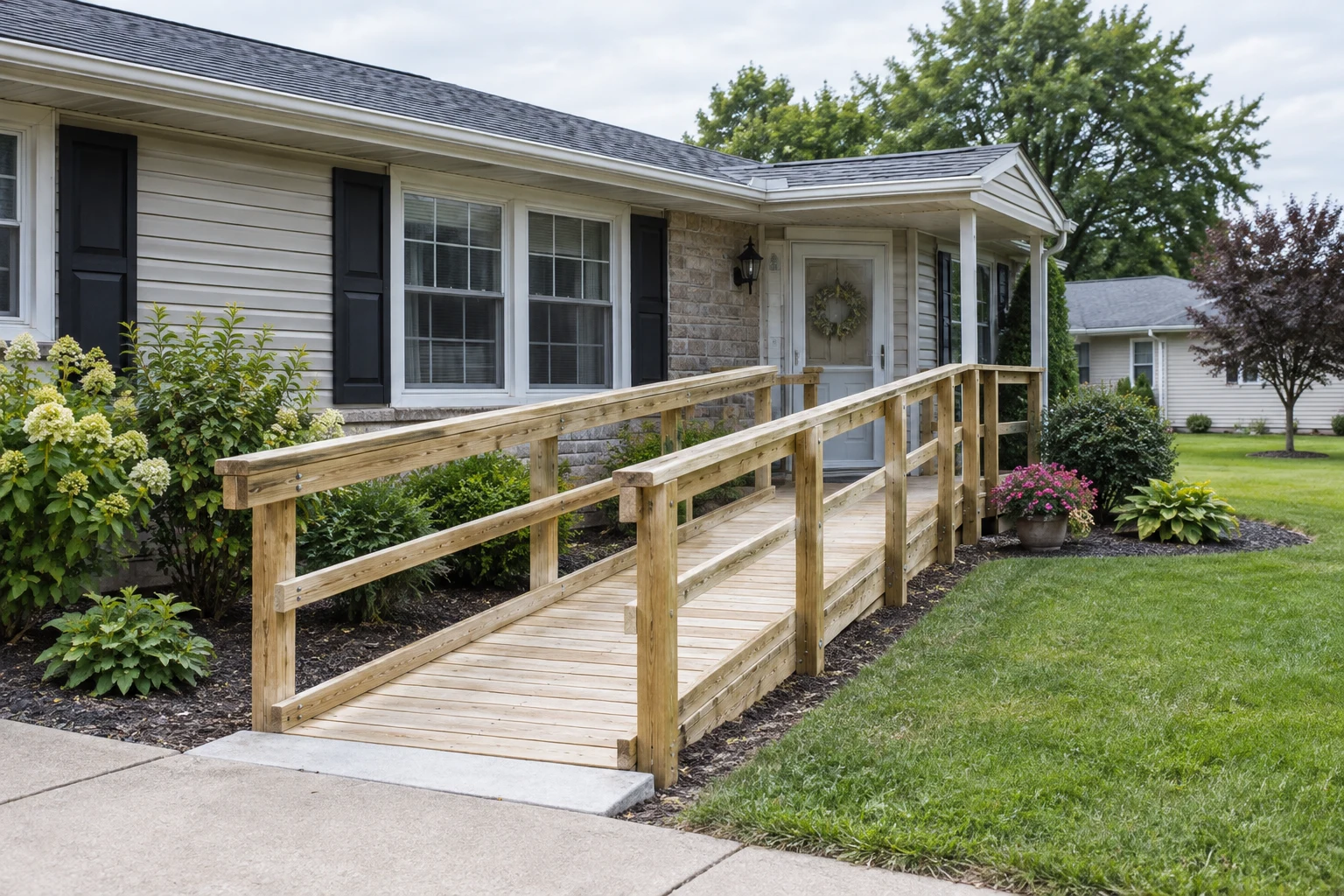 Wooden access ramp with handrails leading to a single-story home
