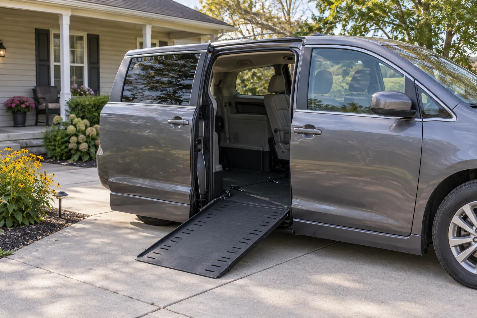 Parked accessible minivan with its passenger-side ramp extended on a driveway