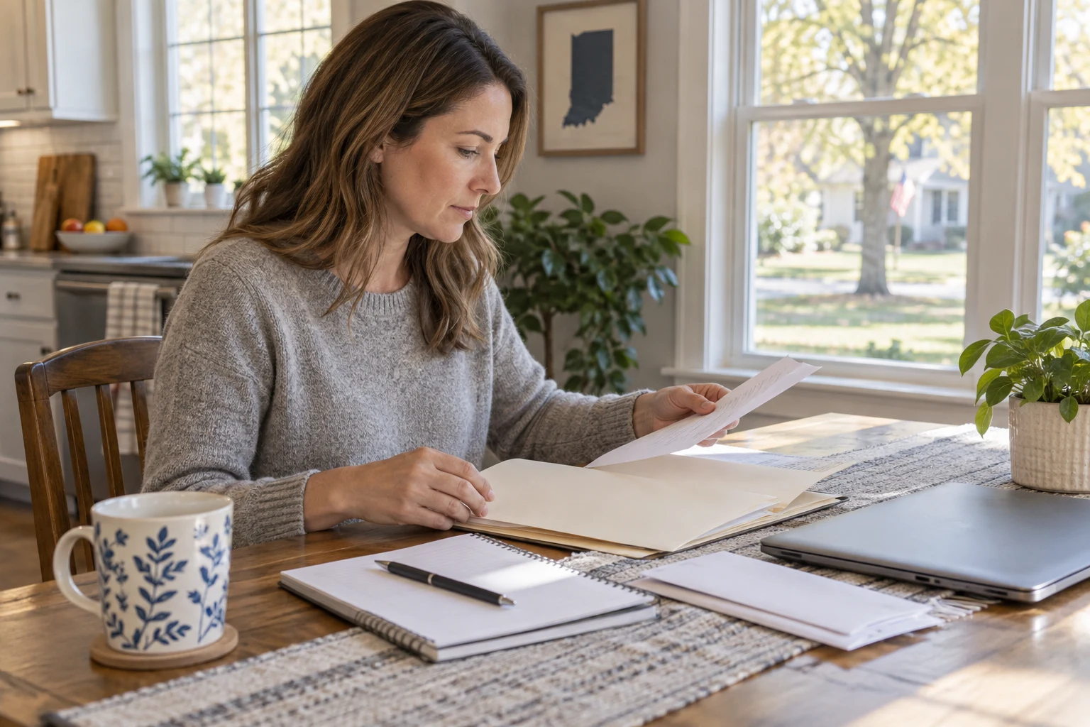 Adult organizing papers and a folder at a kitchen table