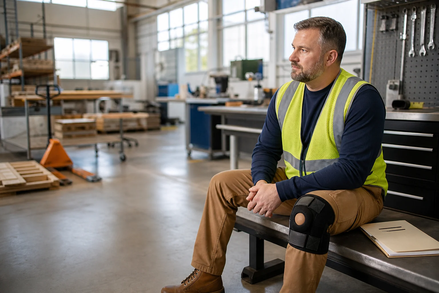 Indiana factory or warehouse worker wearing a knee brace after a workplace injury that may lead to a PPI rating