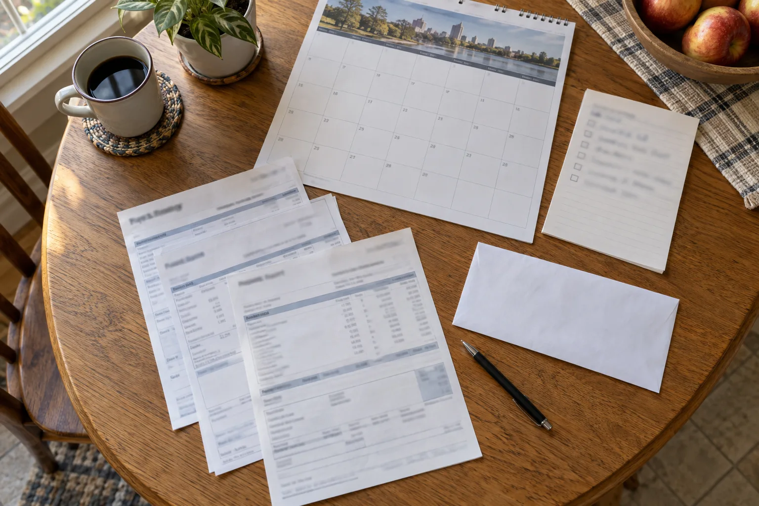 Calendar, work-status note, and pay stubs arranged to review a disability timeline