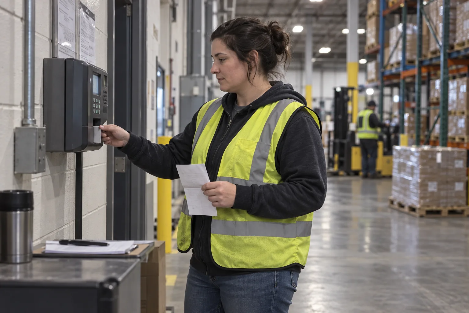 Warehouse worker holding a paper while using a workplace time clock