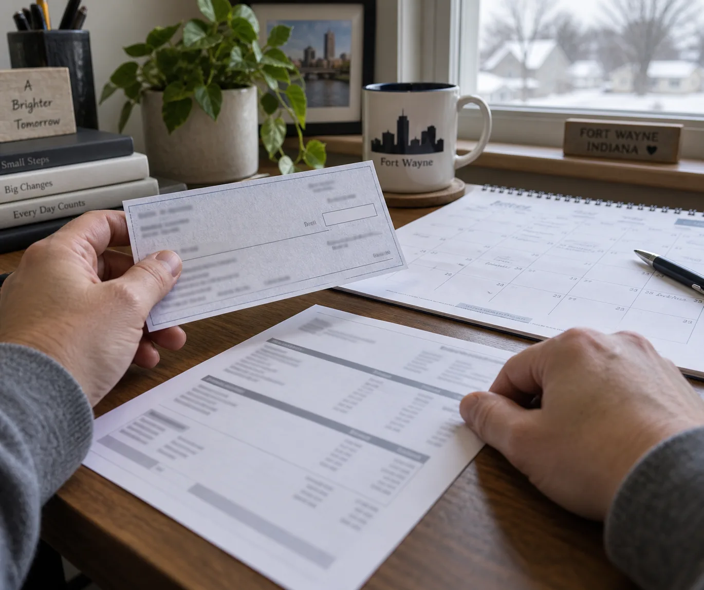 Worker comparing a benefit check stub with a calendar and pay statement