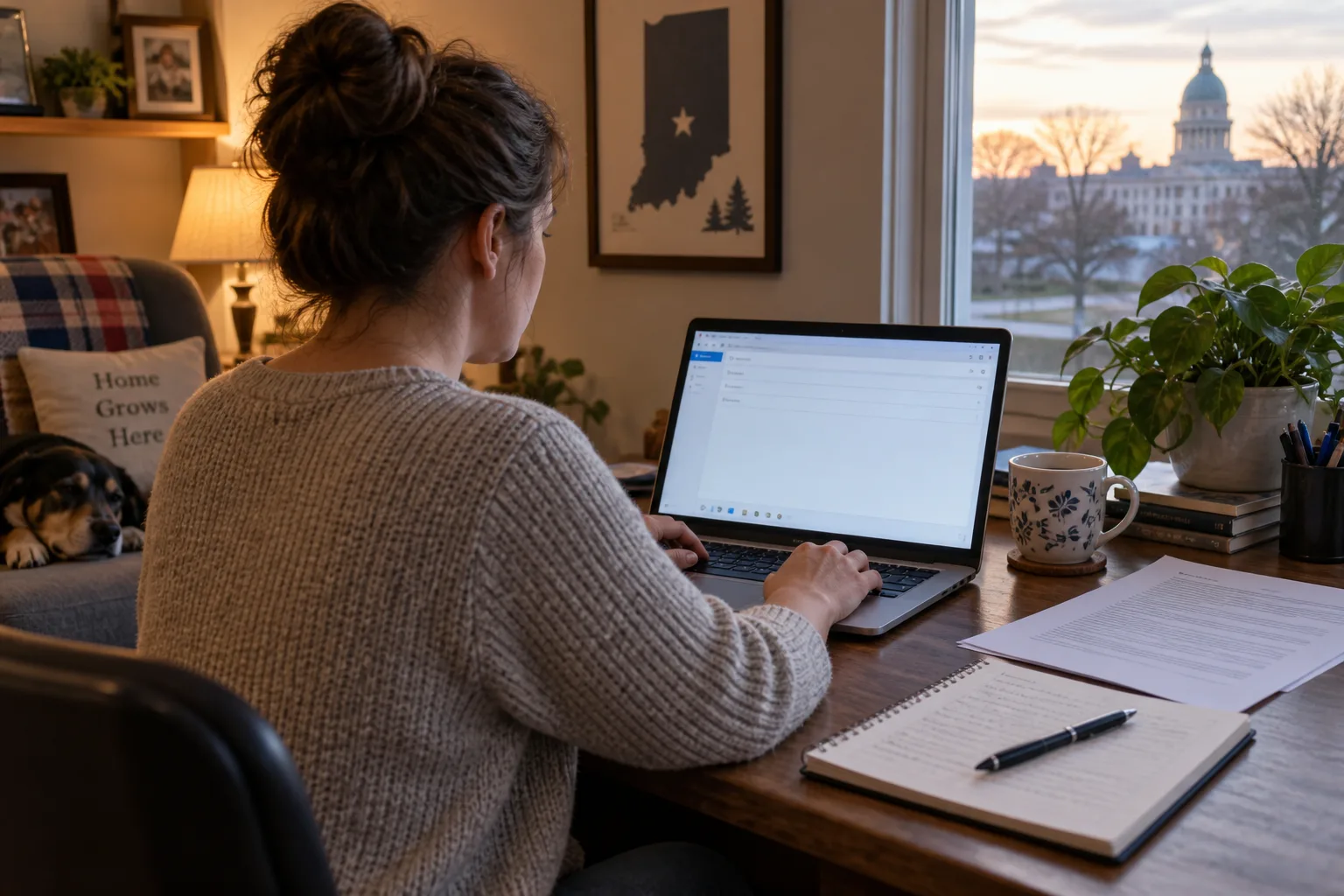 Worker typing a message on a laptop beside papers and a notebook