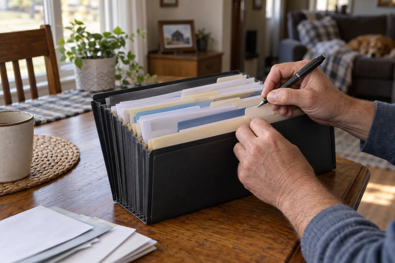 Worker organizing pay records, restriction notes, and claim letters in a folder