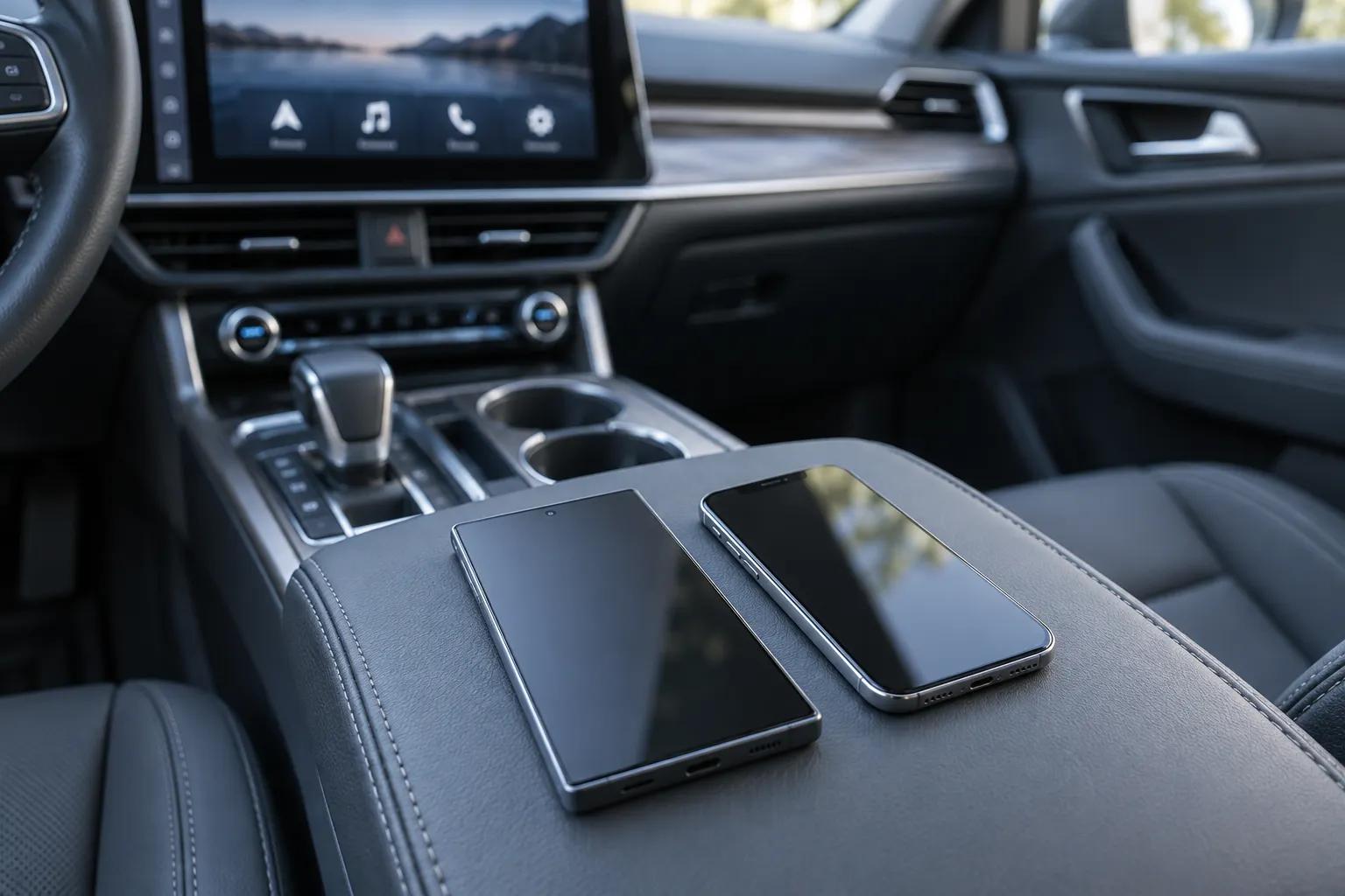 Two phones resting in a parked vehicle beside its dashboard