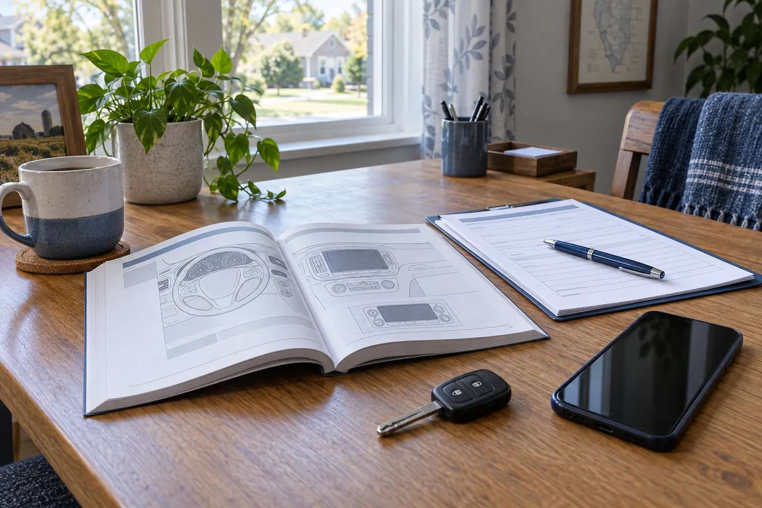 Vehicle documents and an owner’s manual organized on a desk