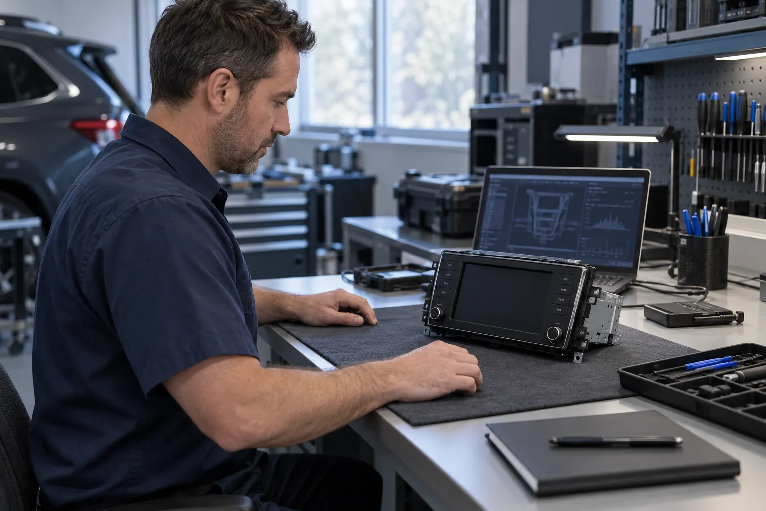 Vehicle electronics examiner preparing a specialist workstation