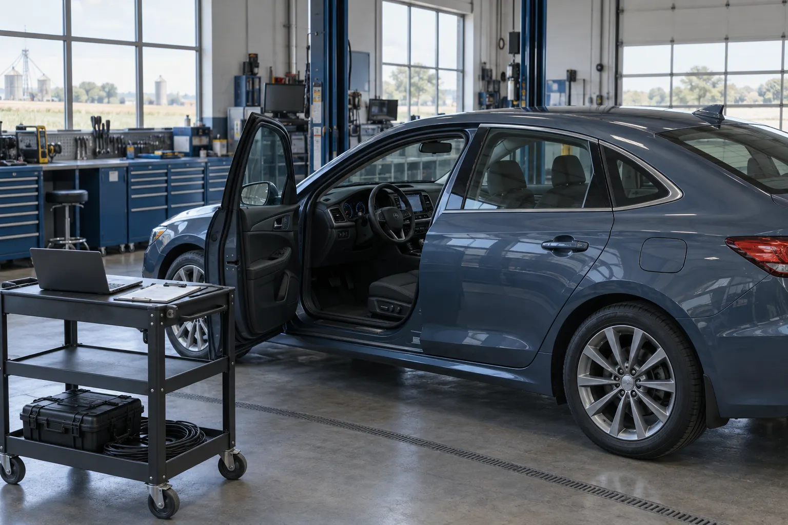 Parked vehicle ready for a documented inspection in a clean workshop