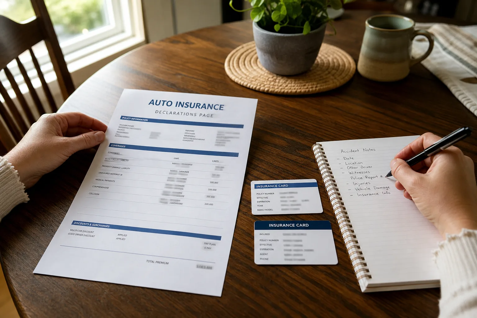 Passenger organizing auto insurance documents at a kitchen table