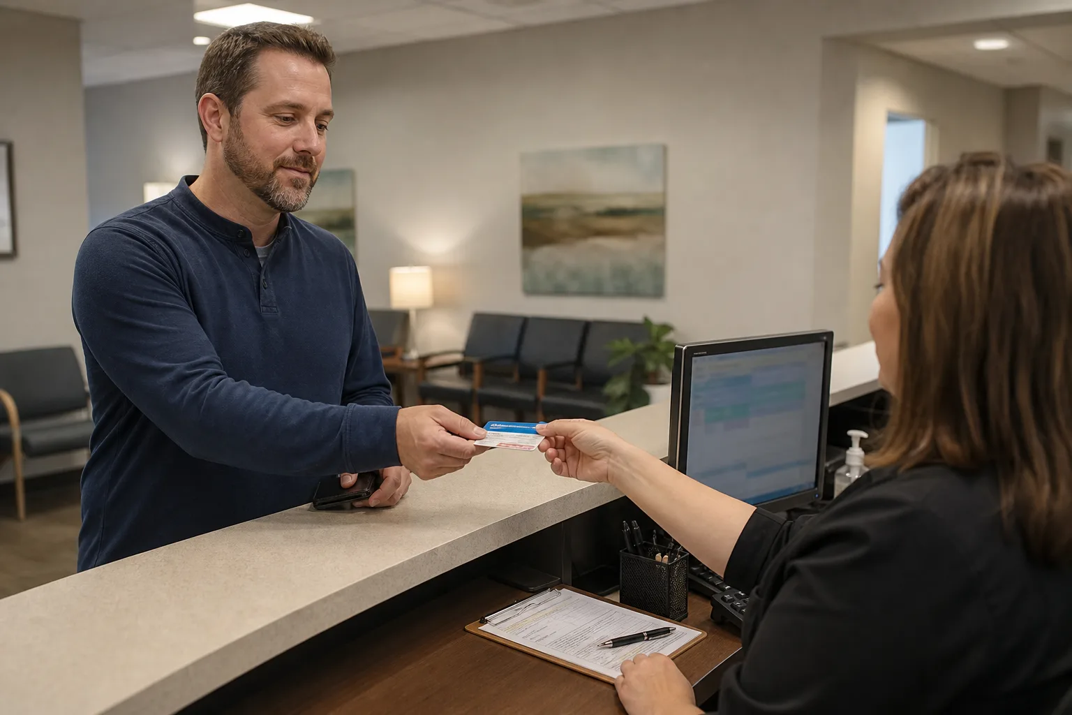 Patient presenting insurance information at a medical clinic reception desk
