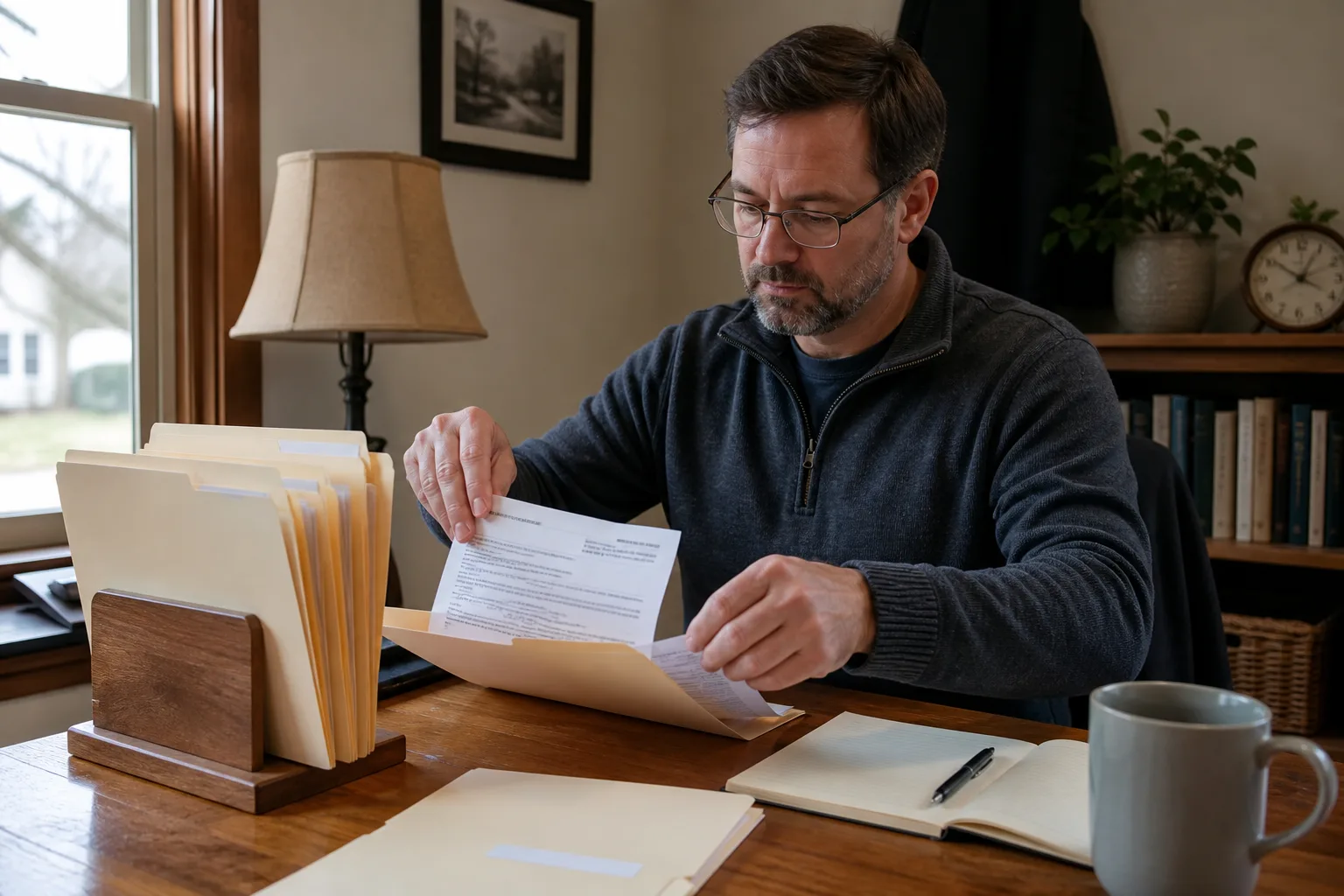 Passenger organizing insurance policies, medical bills, and claim letters
