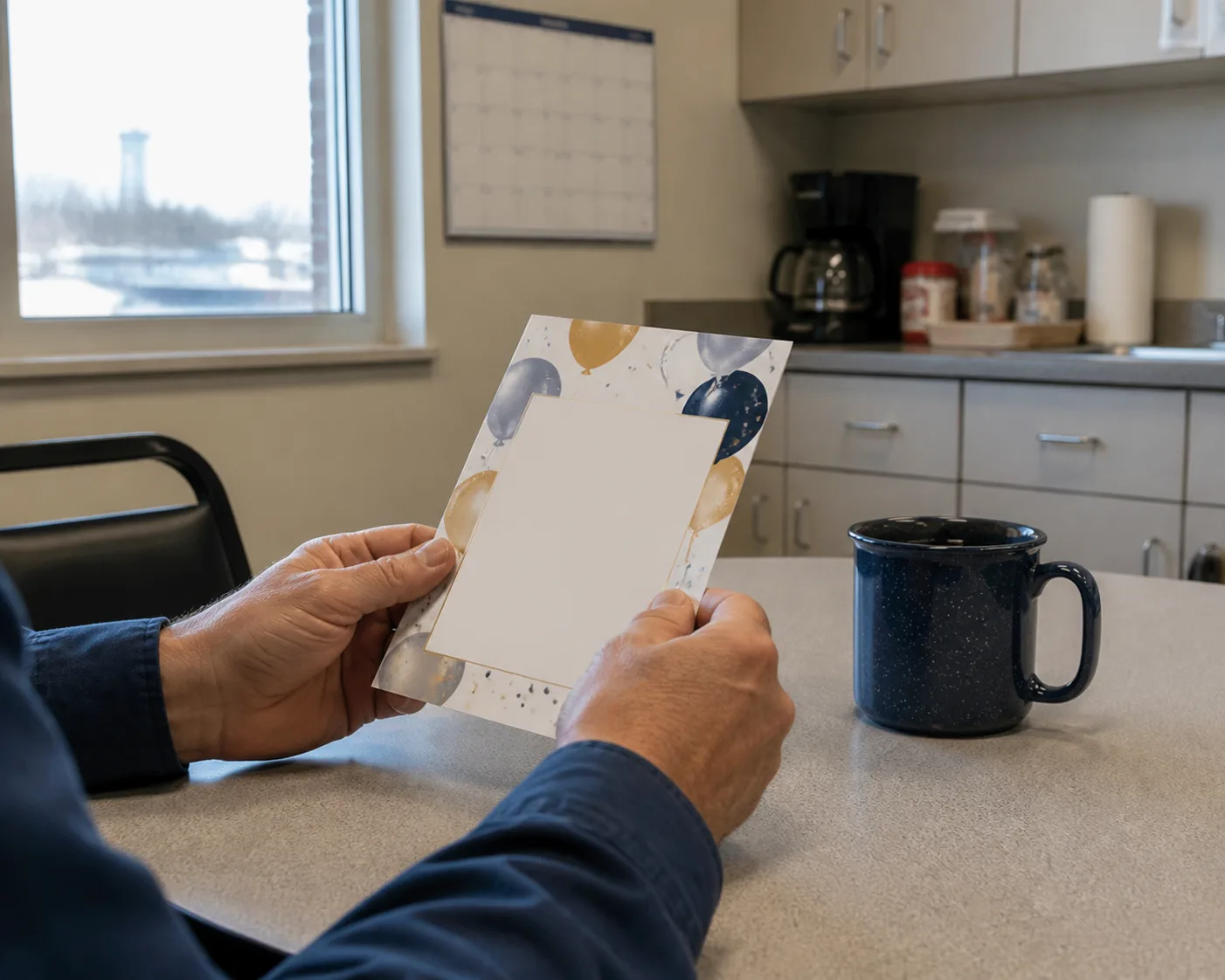 Employee reviewing a company-event invitation in a workplace break room