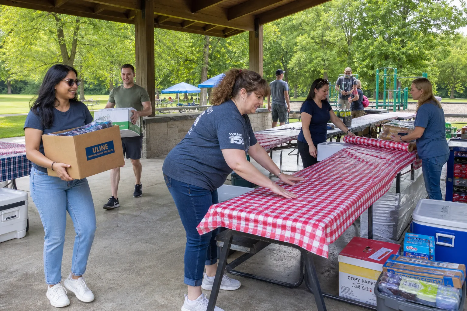 Coworkers setting up tables and supplies for an employer-sponsored picnic