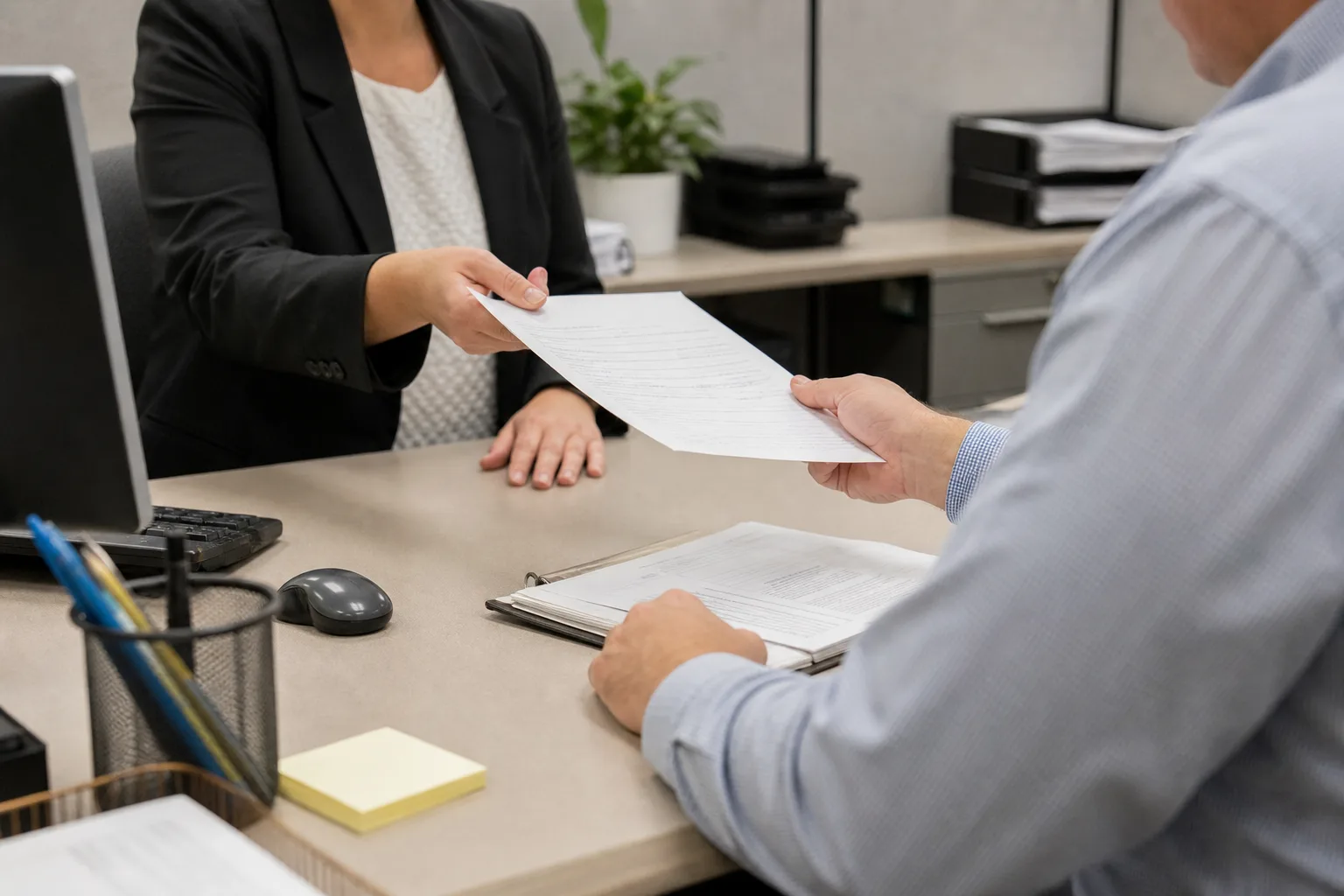 Employee giving a written injury report to a workplace supervisor