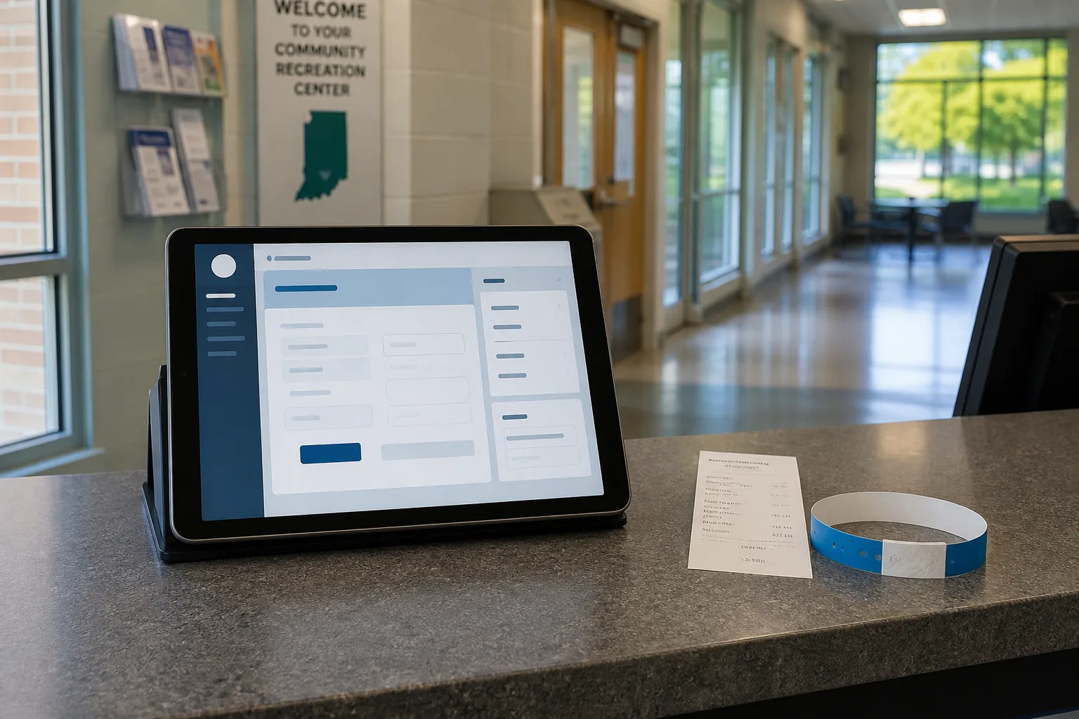 Tablet displaying registration terms beside a receipt and admission wristband