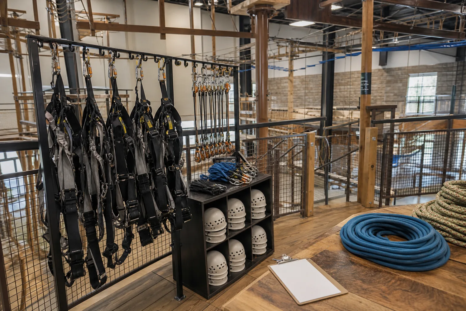 Safety harnesses arranged on an empty indoor adventure-course platform