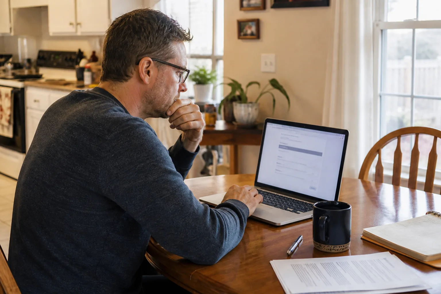 Adult carefully reviewing an online recreation agreement on a laptop
