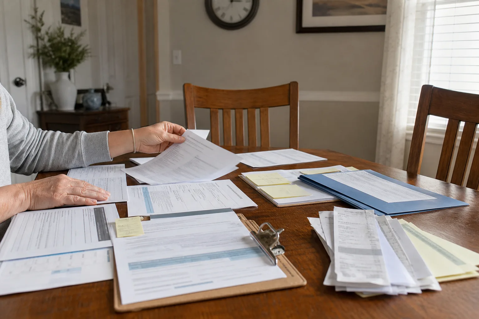 Booking and maintenance records organized on a table