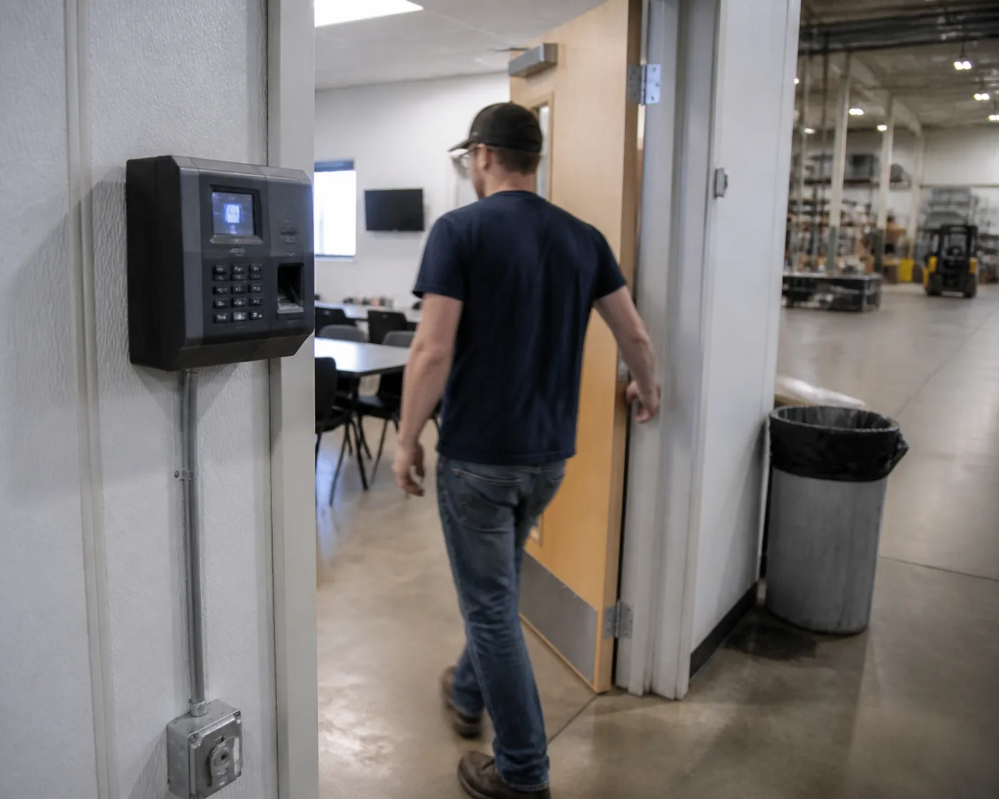 Employee entering a workplace break room near a time clock