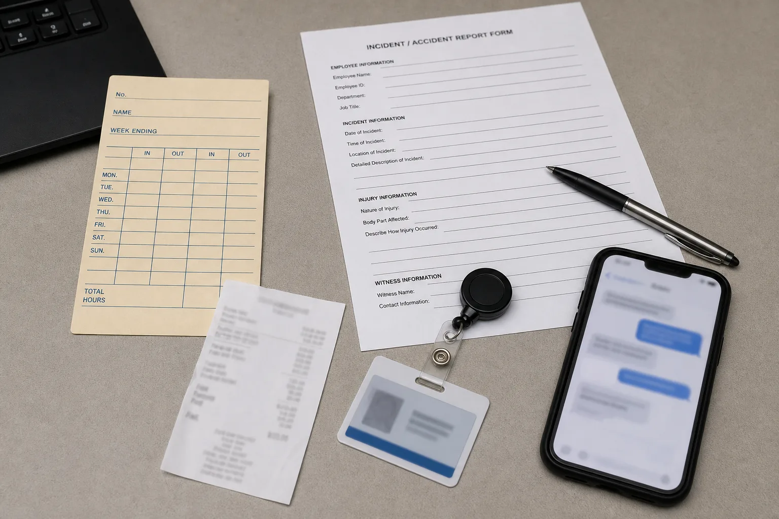 Timecard, receipt, incident form, badge, and phone preserved after a meal-break injury