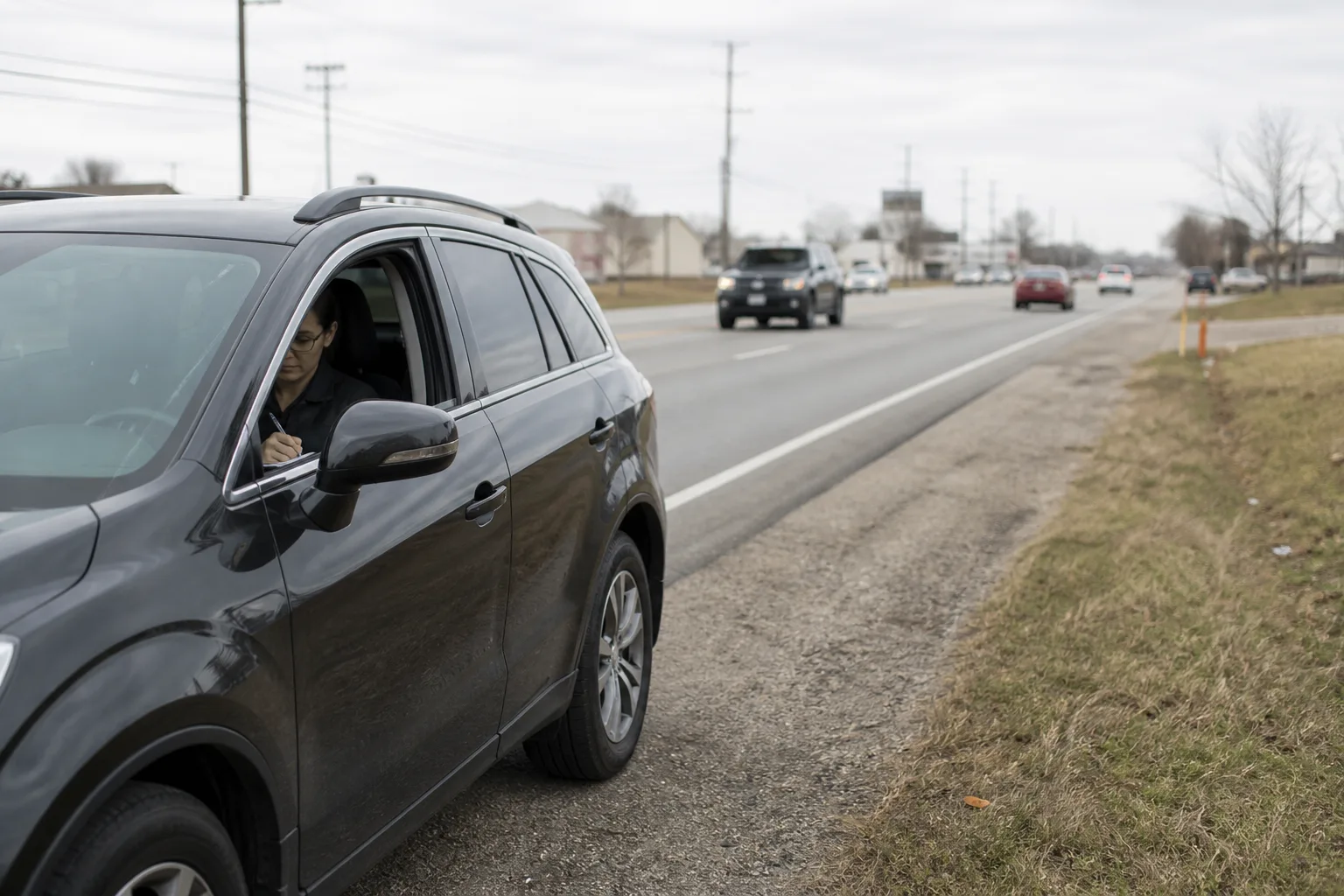 A motorist recording details while safely parked beside a Fort Wayne-area road