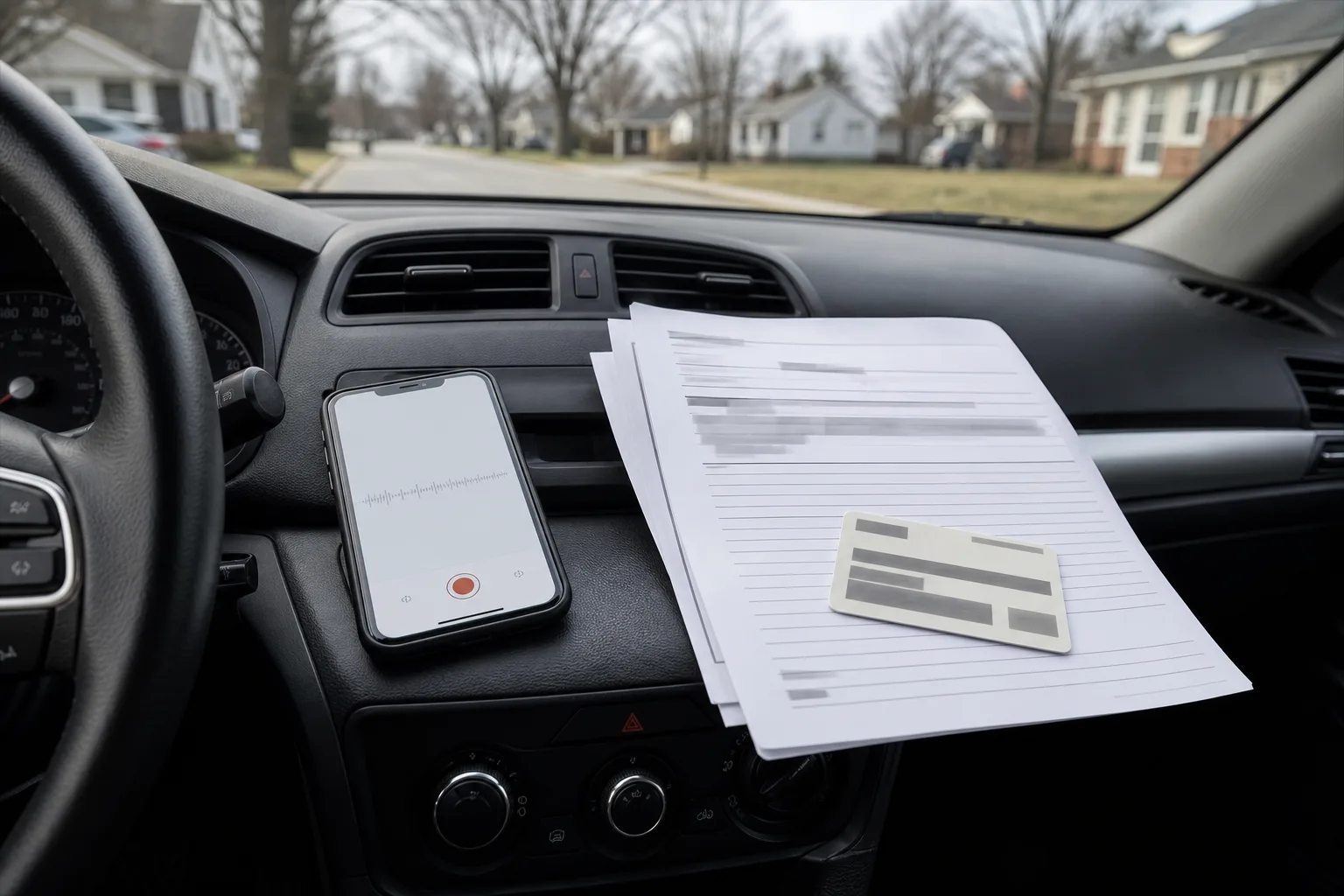Incident notes and a phone arranged inside a parked vehicle