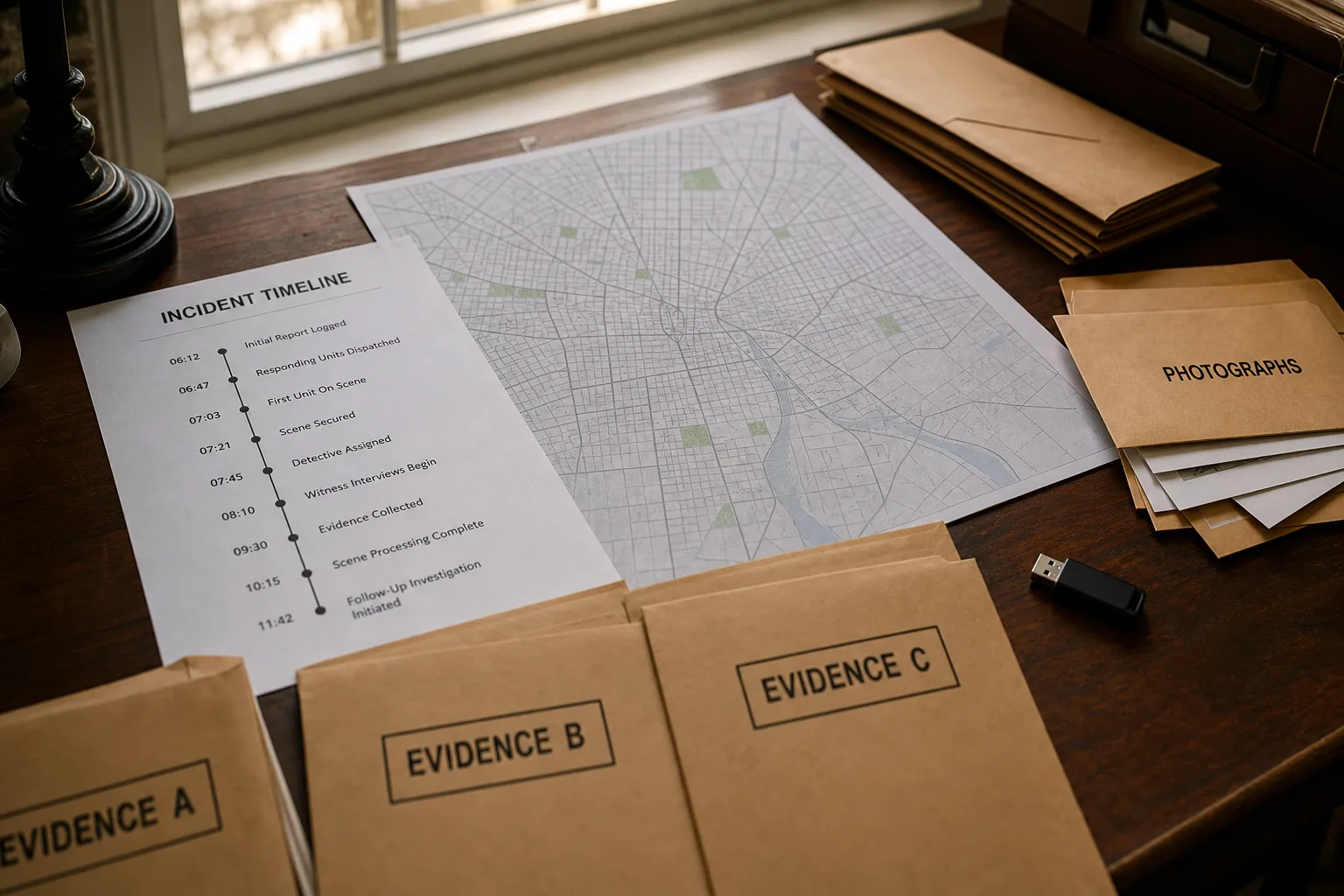 Organized pursuit-incident records, map, photographs, and digital evidence on a desk