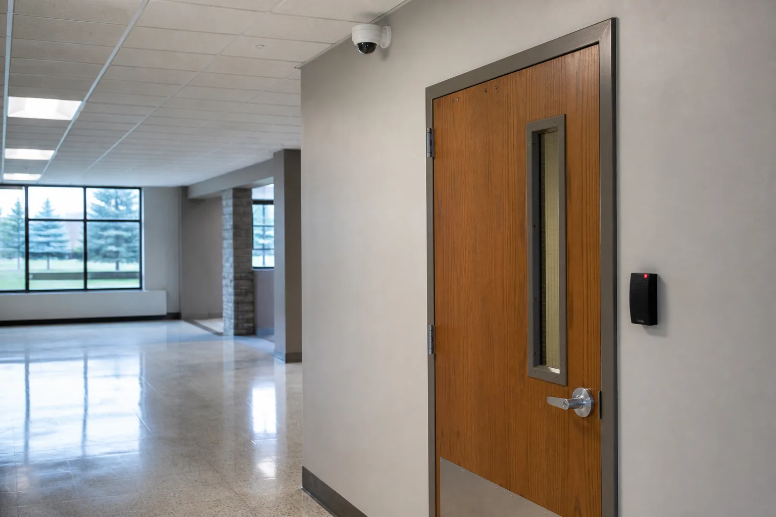Security camera and controlled-access workplace hallway