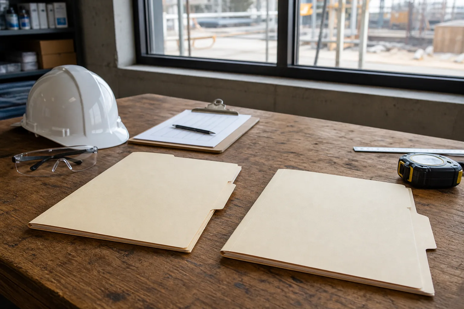 Workplace incident and contractor records organized on a desk