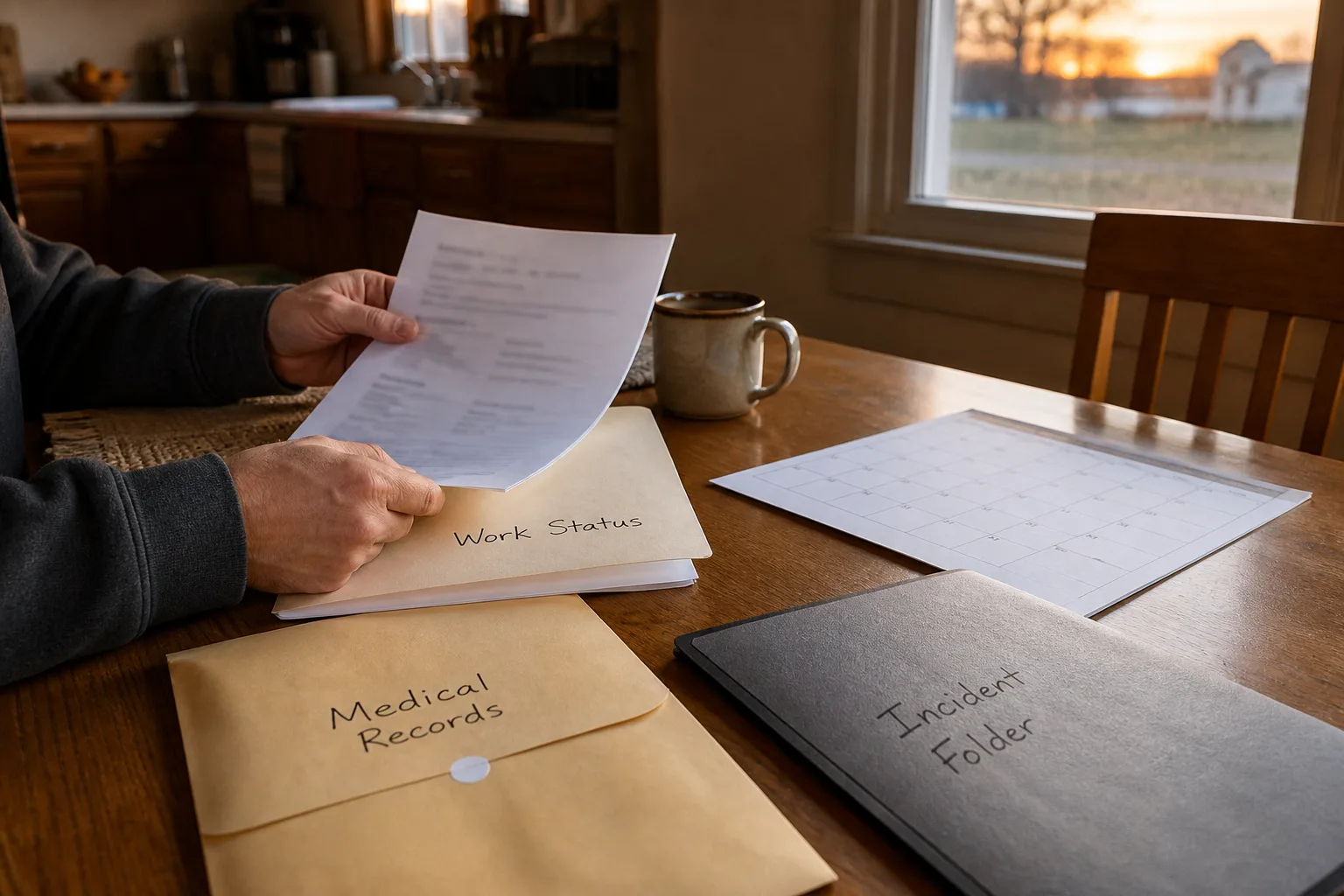Worker organizing workplace injury records and a calendar