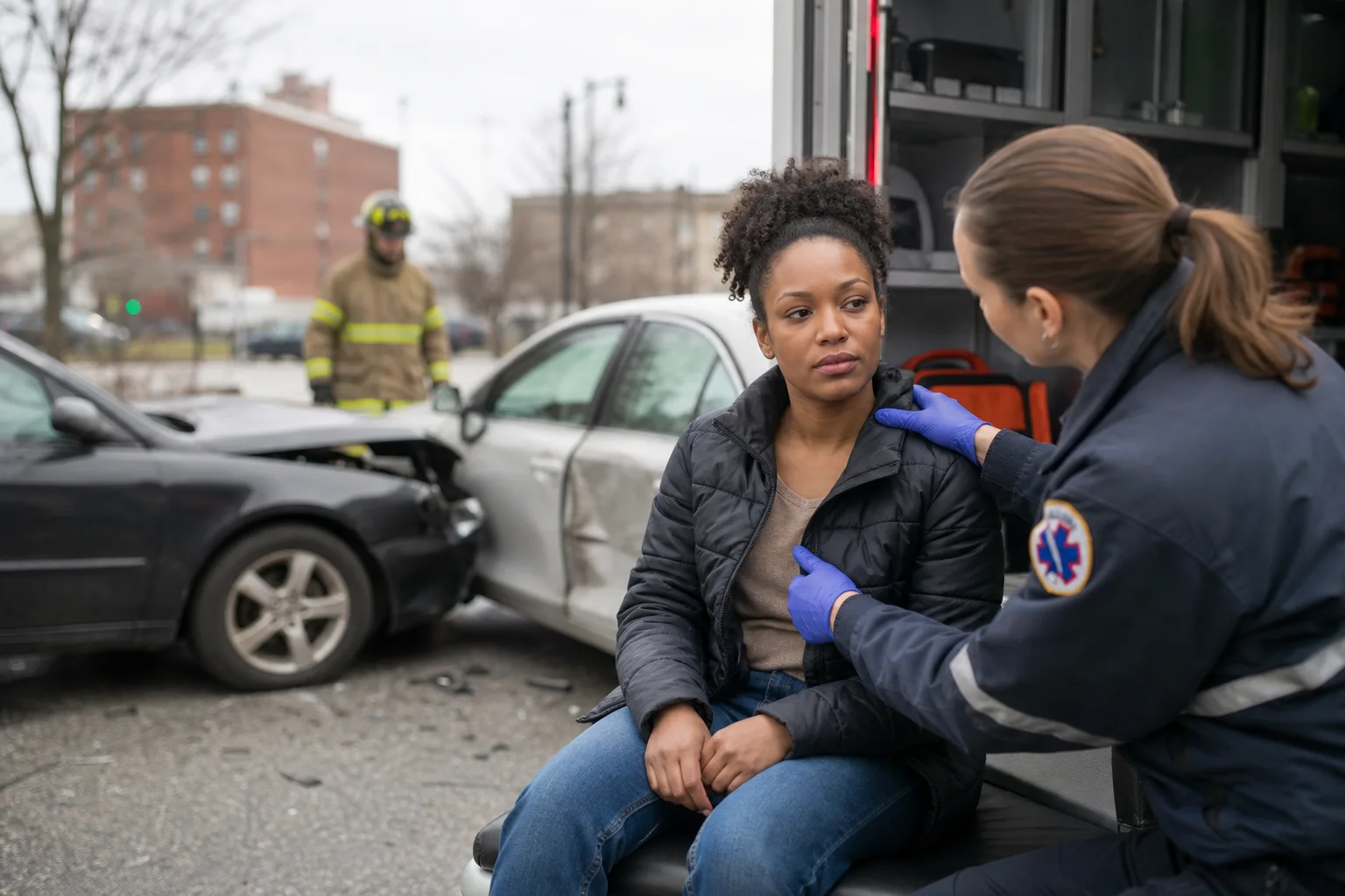 Injured car passenger receiving an emergency evaluation after an Indiana collision