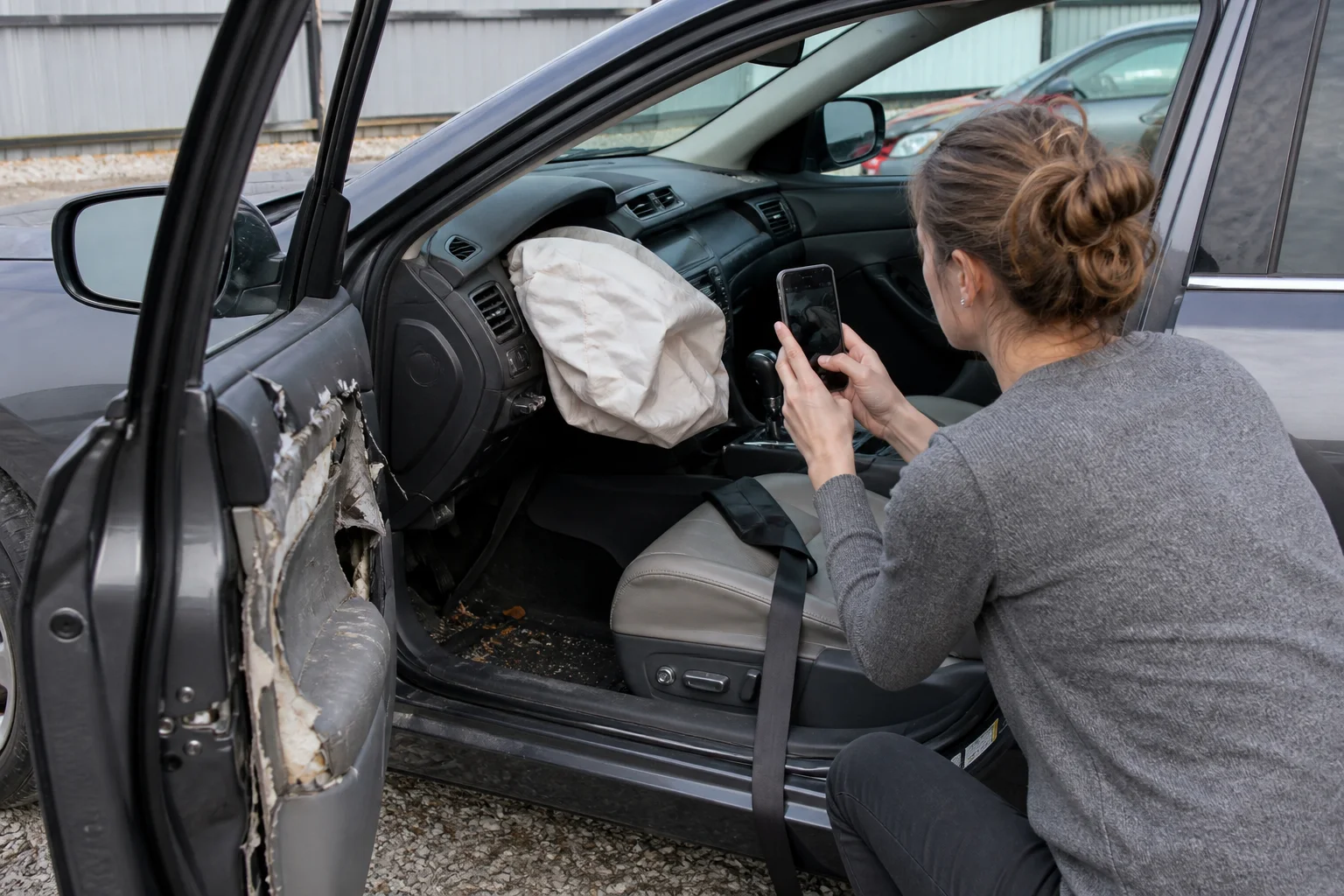 Passenger seat belt airbag door and interior photographed for crash evidence