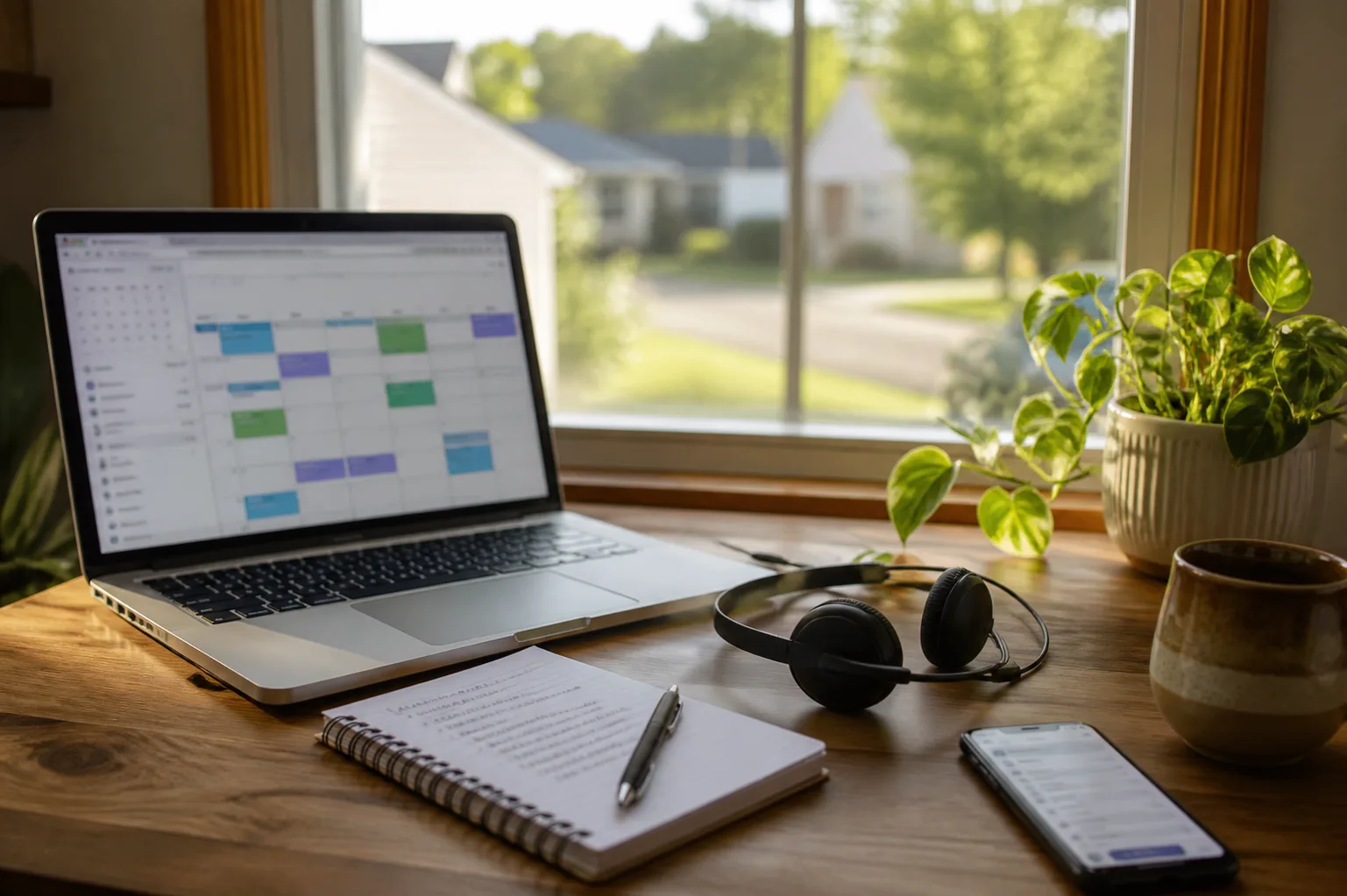 Work calendar, messages, and notes at an Indiana home office